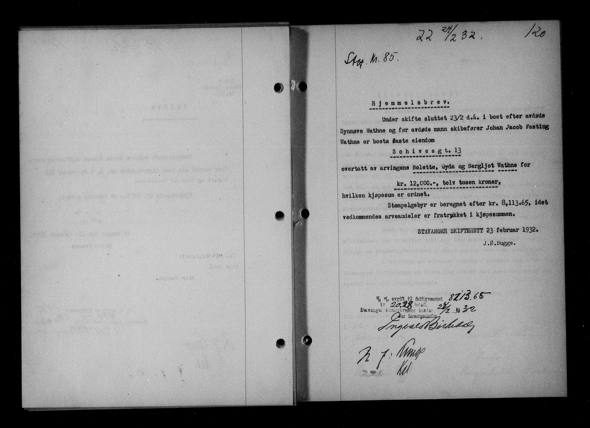 Stavanger byfogd, AV/SAST-A-101408/001/4/41/410/410BB/L0061: Mortgage book no. 51, 1932-1932, Deed date: 24.02.1932