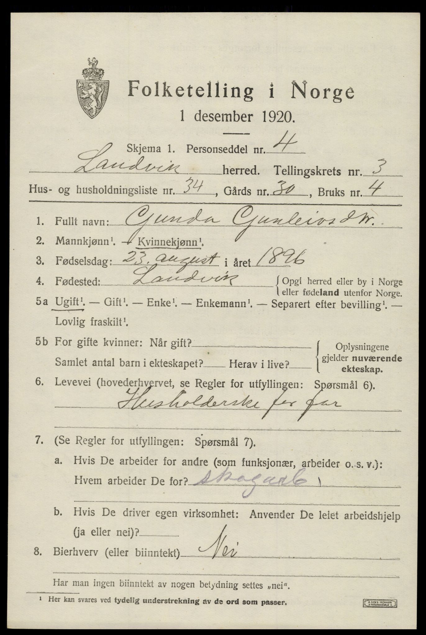 SAK, 1920 census for Landvik, 1920, p. 3244