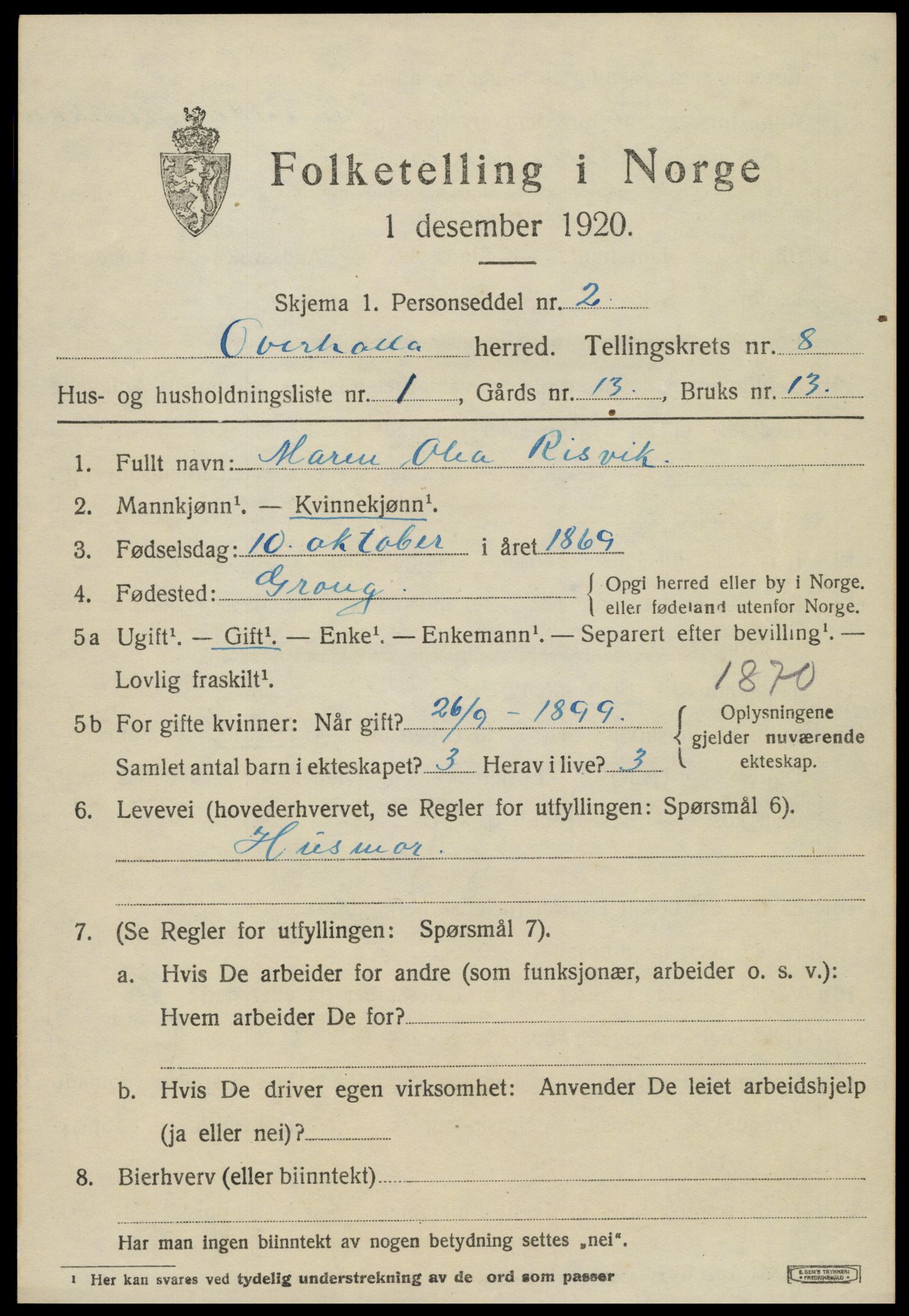 SAT, 1920 census for Overhalla, 1920, p. 5390