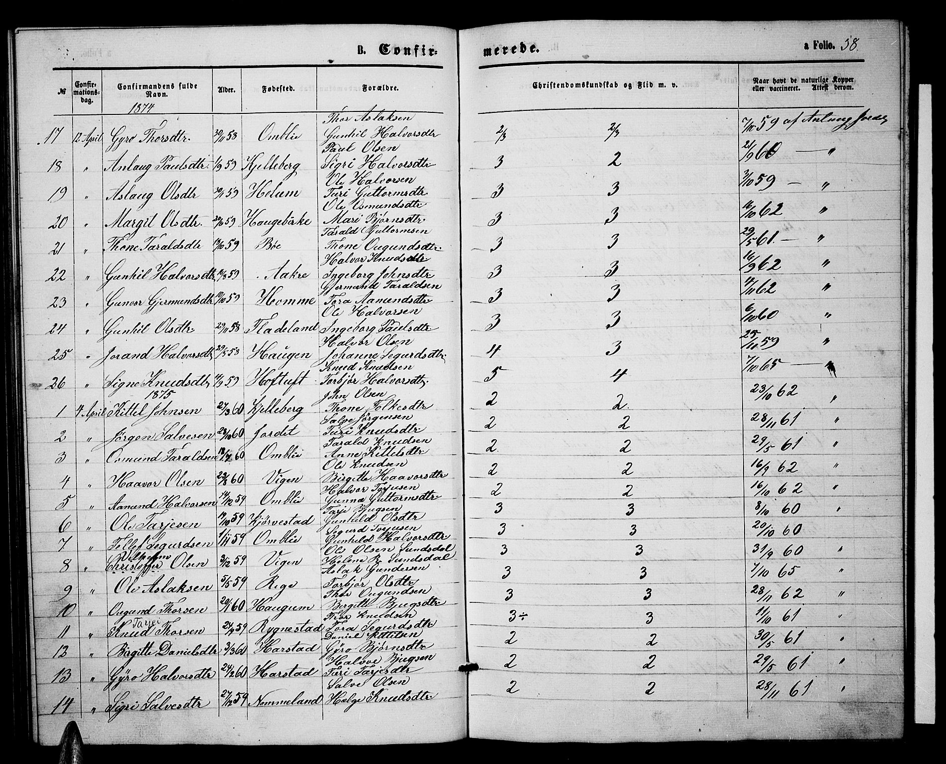 Valle sokneprestkontor, SAK/1111-0044/F/Fb/Fbc/L0003: Parish register (copy) no. B 3, 1871-1890, p. 58