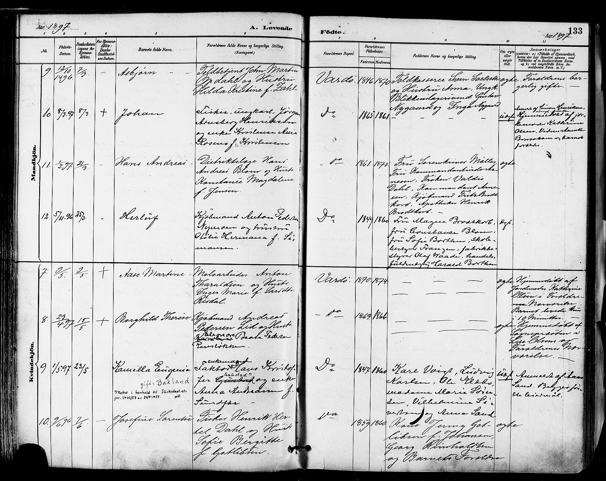 Vardø sokneprestkontor, AV/SATØ-S-1332/H/Ha/L0007kirke: Parish register (official) no. 7, 1886-1897, p. 133