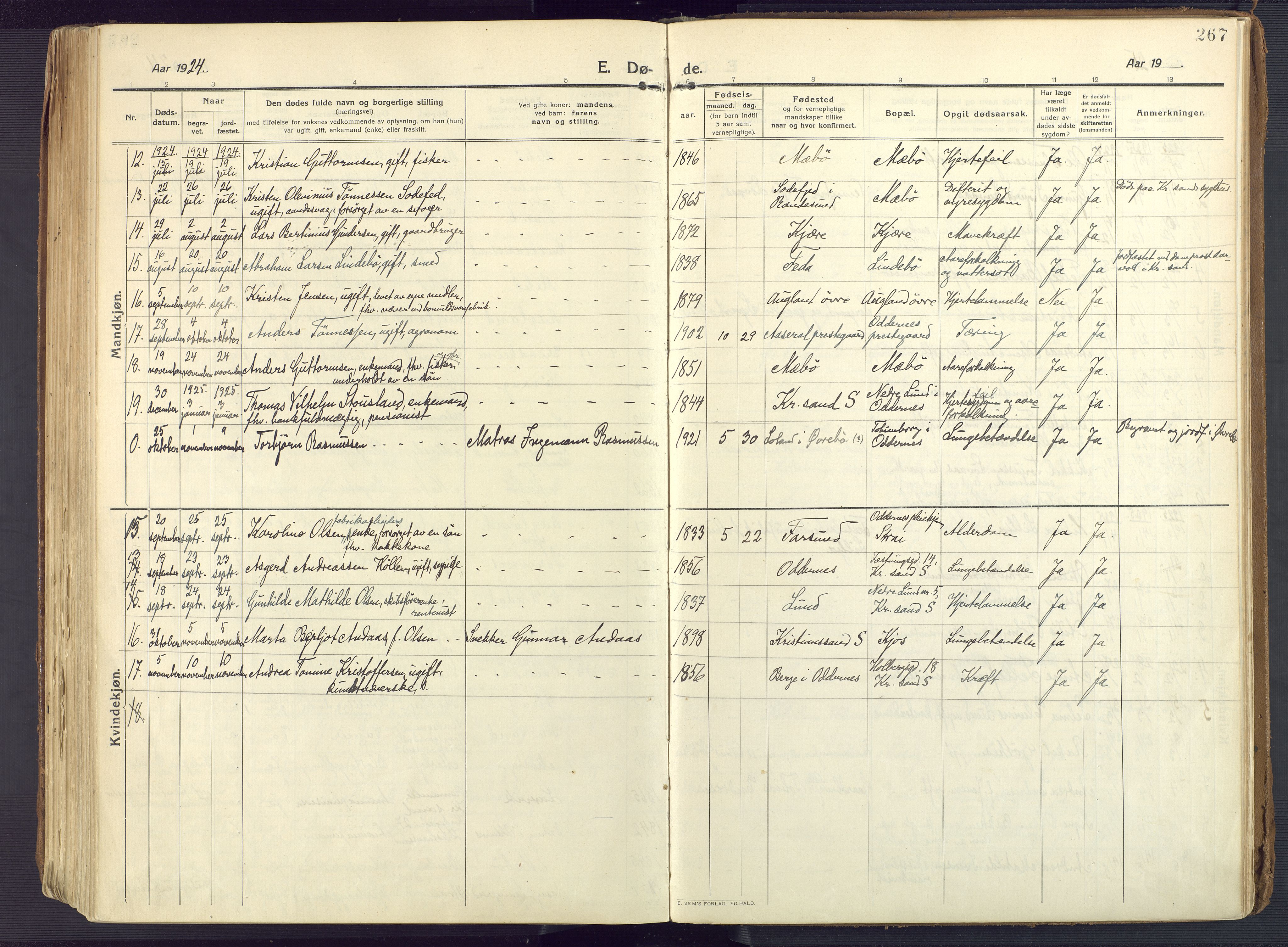 Oddernes sokneprestkontor, AV/SAK-1111-0033/F/Fa/Faa/L0012: Parish register (official) no. A 12, 1912-1925, p. 267