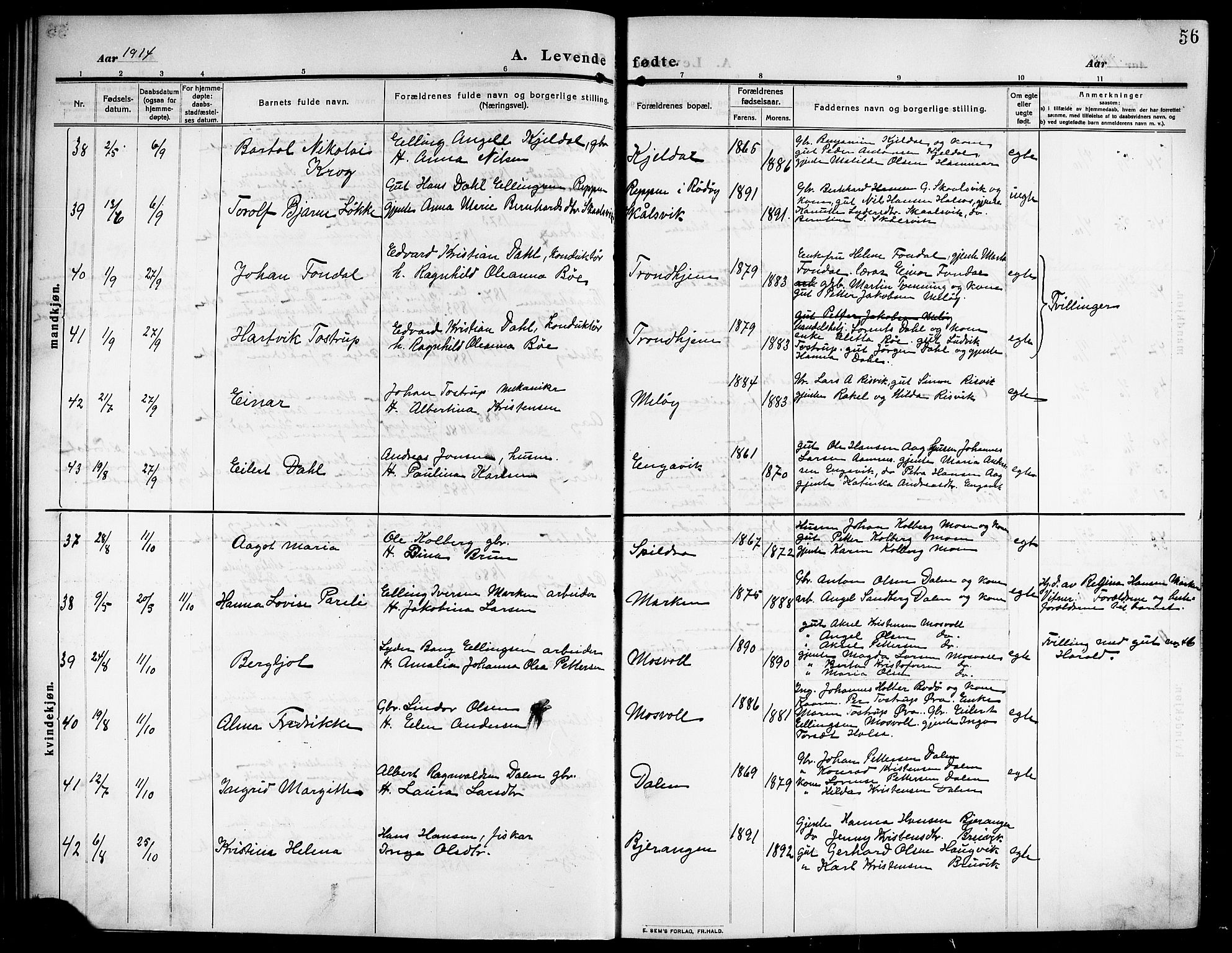 Ministerialprotokoller, klokkerbøker og fødselsregistre - Nordland, AV/SAT-A-1459/843/L0639: Parish register (copy) no. 843C08, 1908-1924, p. 56