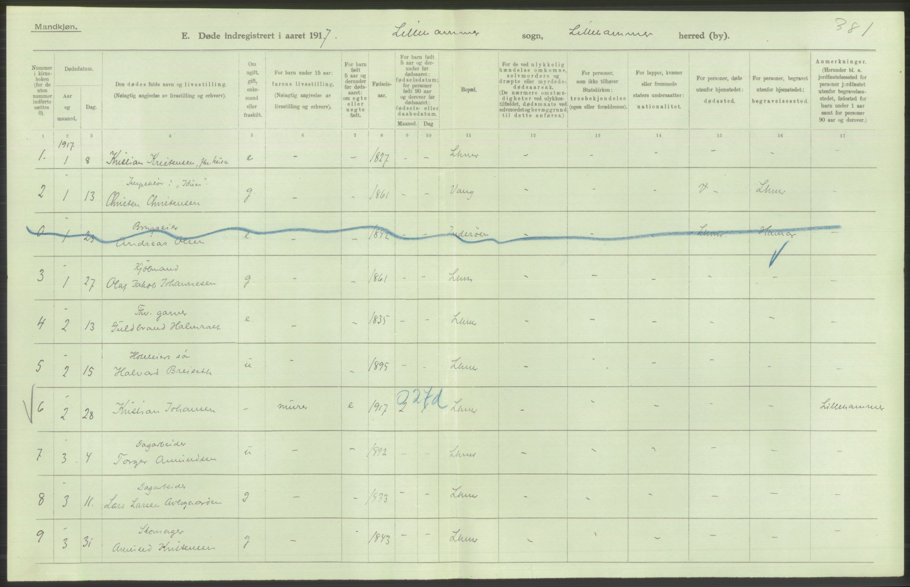 Statistisk sentralbyrå, Sosiodemografiske emner, Befolkning, AV/RA-S-2228/D/Df/Dfb/Dfbg/L0017: Kristians amt: Døde. Bygder, byer., 1917, p. 10