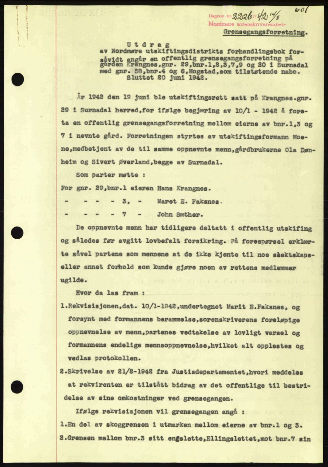 Nordmøre sorenskriveri, AV/SAT-A-4132/1/2/2Ca: Mortgage book no. A93, 1942-1942, Diary no: : 2226/1942