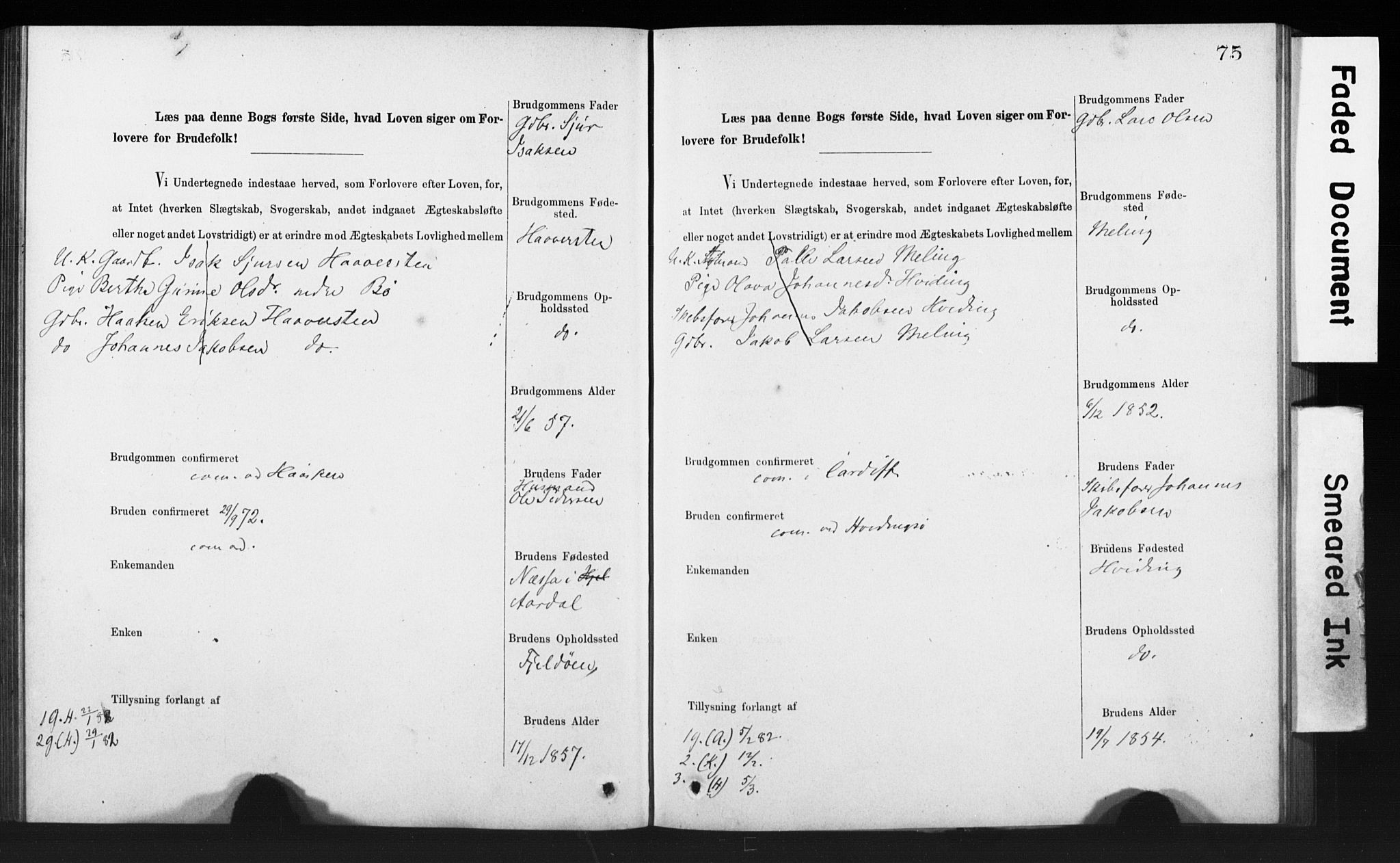 Rennesøy sokneprestkontor, SAST/A -101827/I/Ie/L0001: Banns register no. 1, 1873-1898, p. 75