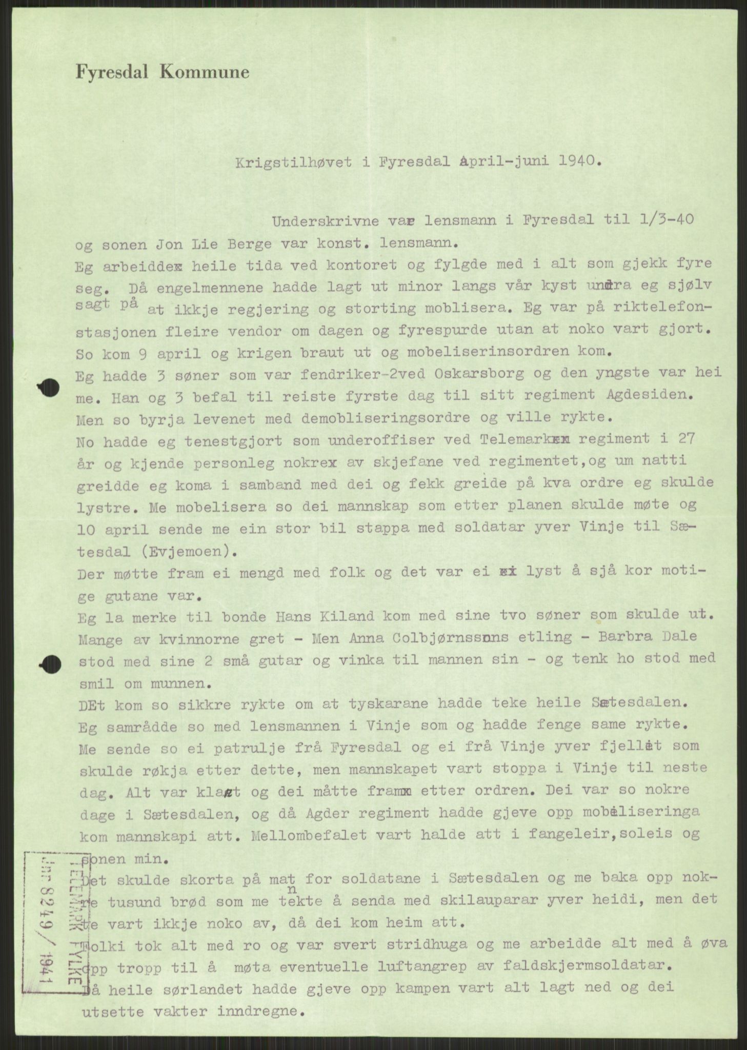 Forsvaret, Forsvarets krigshistoriske avdeling, AV/RA-RAFA-2017/Y/Ya/L0014: II-C-11-31 - Fylkesmenn.  Rapporter om krigsbegivenhetene 1940., 1940, p. 642