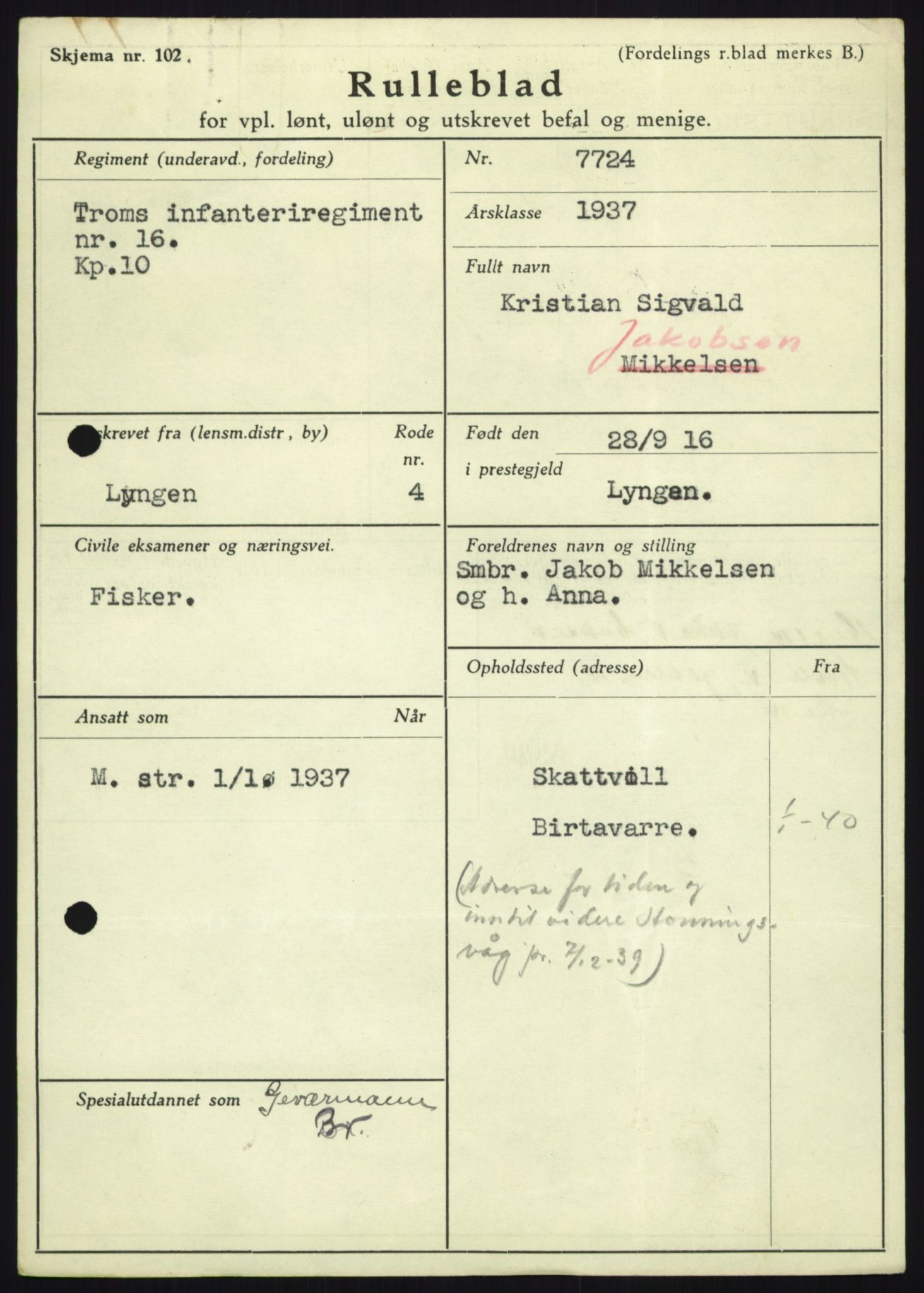 Forsvaret, Troms infanteriregiment nr. 16, AV/RA-RAFA-3146/P/Pa/L0021: Rulleblad for regimentets menige mannskaper, årsklasse 1937, 1937, p. 439