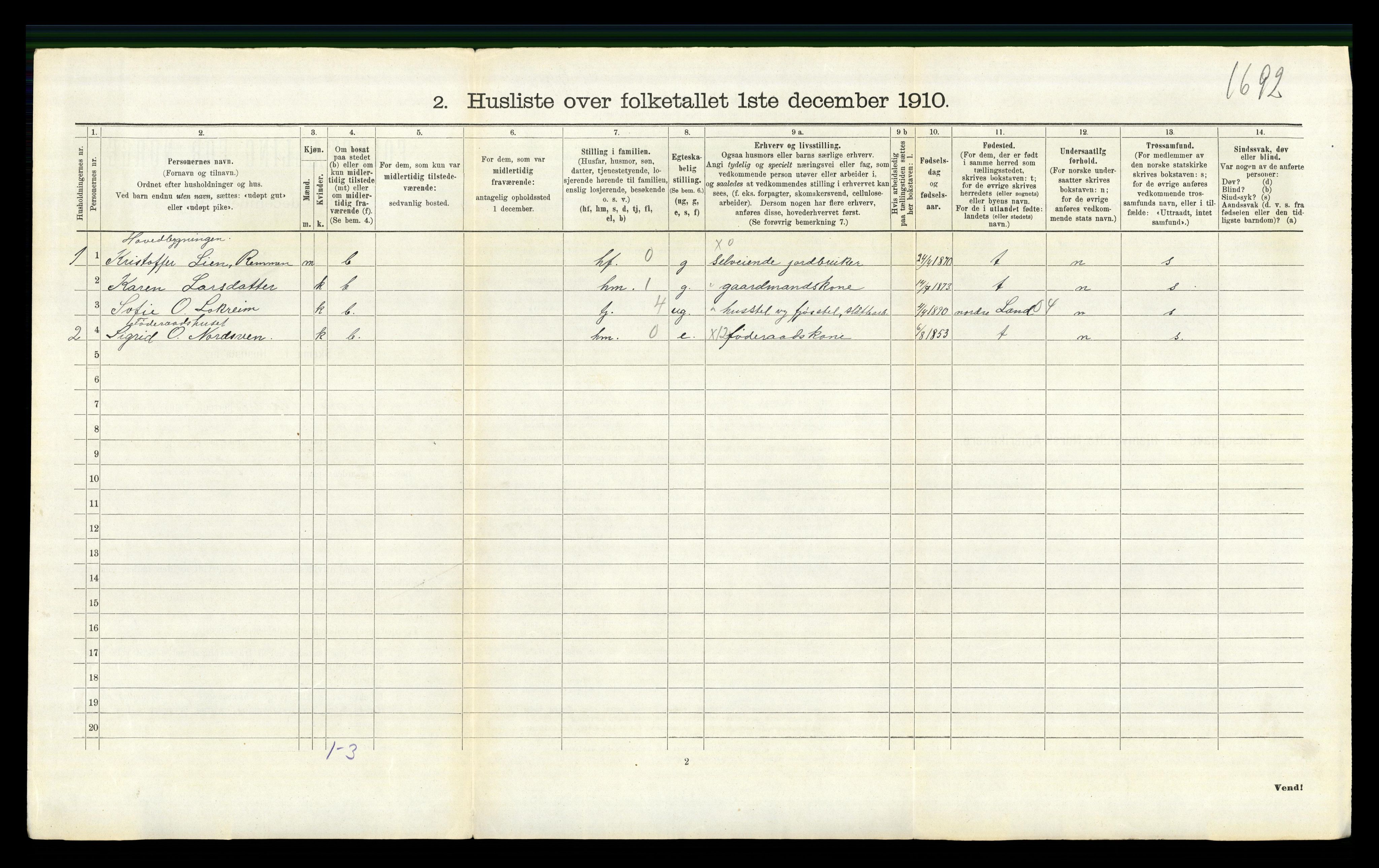 RA, 1910 census for Vang, 1910, p. 398