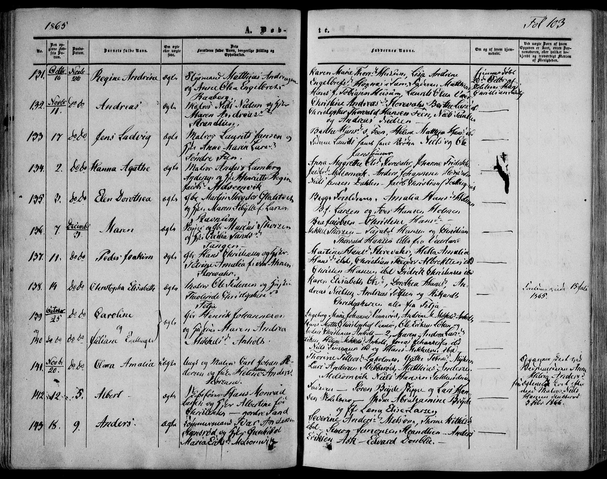 Stokke kirkebøker, AV/SAKO-A-320/F/Fa/L0008: Parish register (official) no. I 8, 1858-1871, p. 103