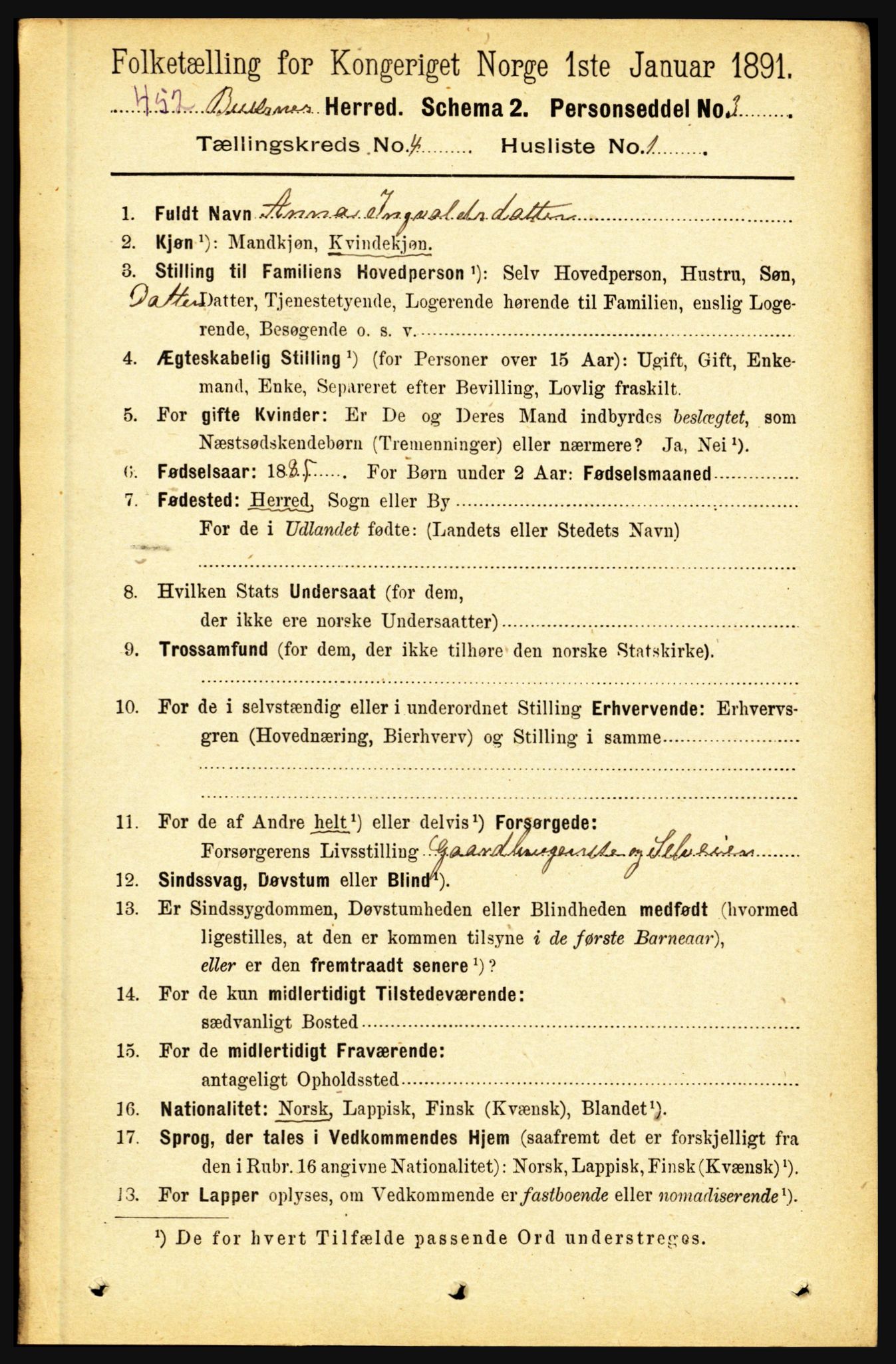 RA, 1891 census for 1860 Buksnes, 1891, p. 3018