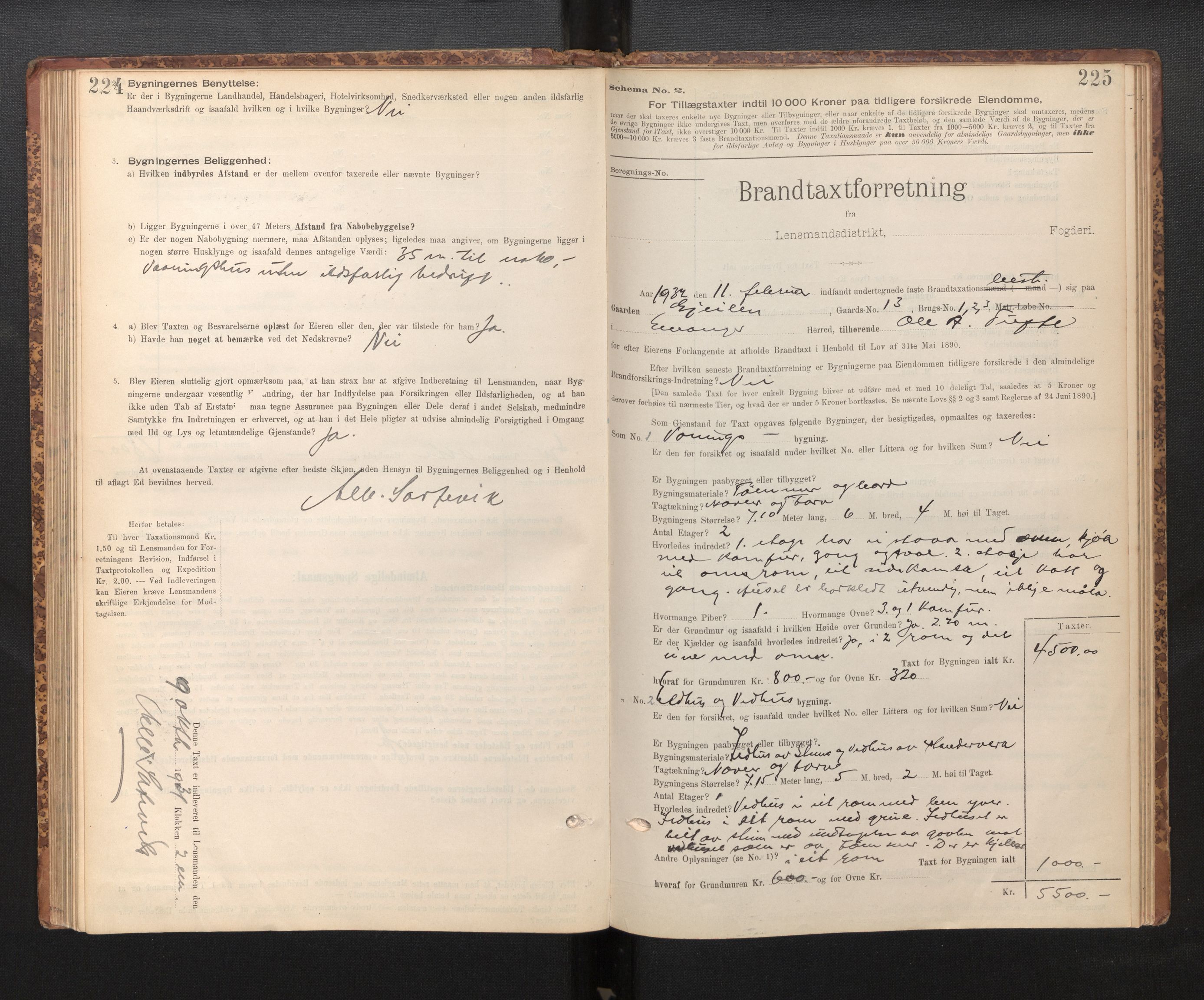 Lensmannen i Evanger, SAB/A-31701/0012/L0005: Branntakstprotokoll, skjematakst, 1895-1935, p. 224-225