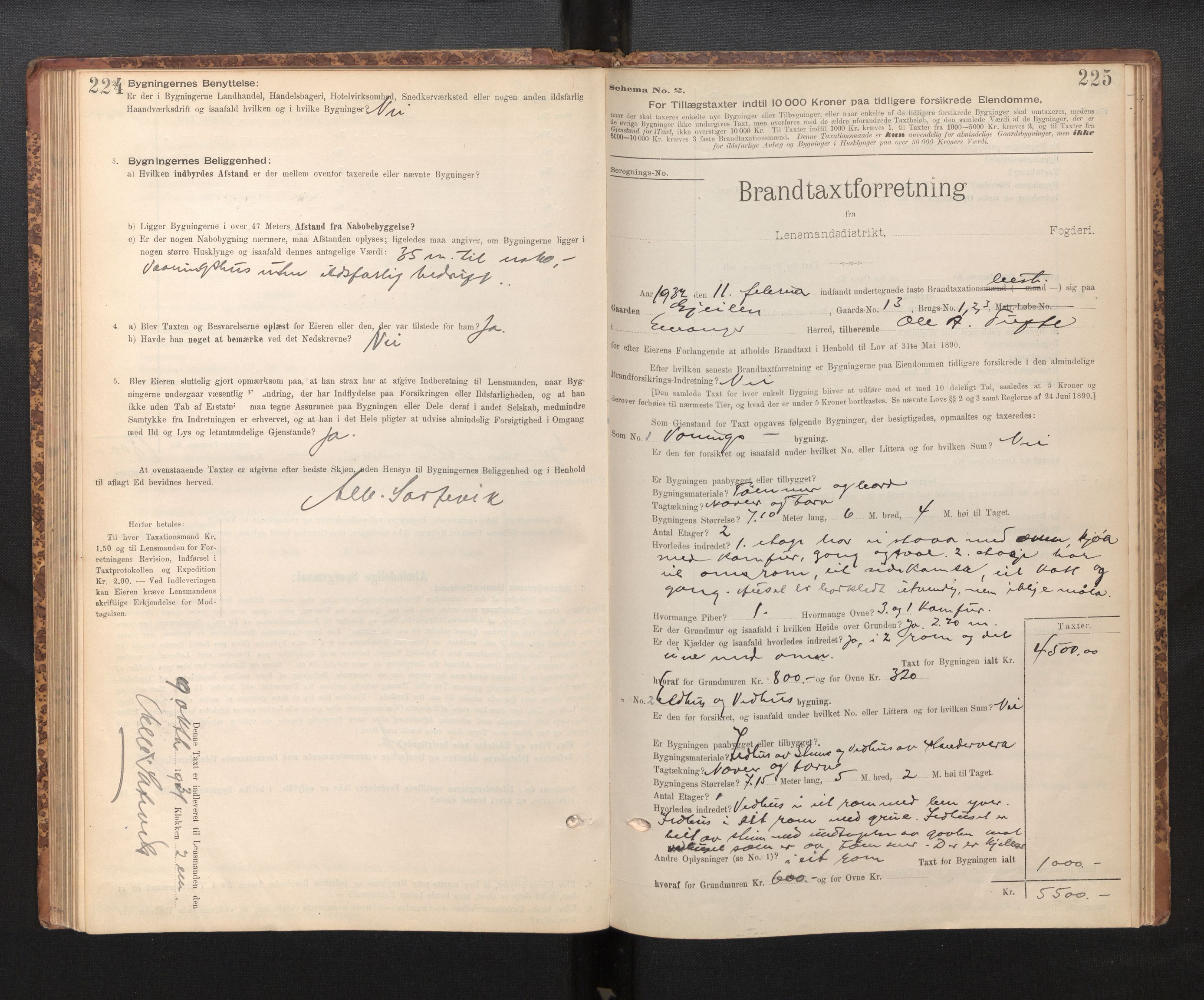 Lensmannen i Evanger, AV/SAB-A-31701/0012/L0005: Branntakstprotokoll, skjematakst, 1895-1935, p. 224-225