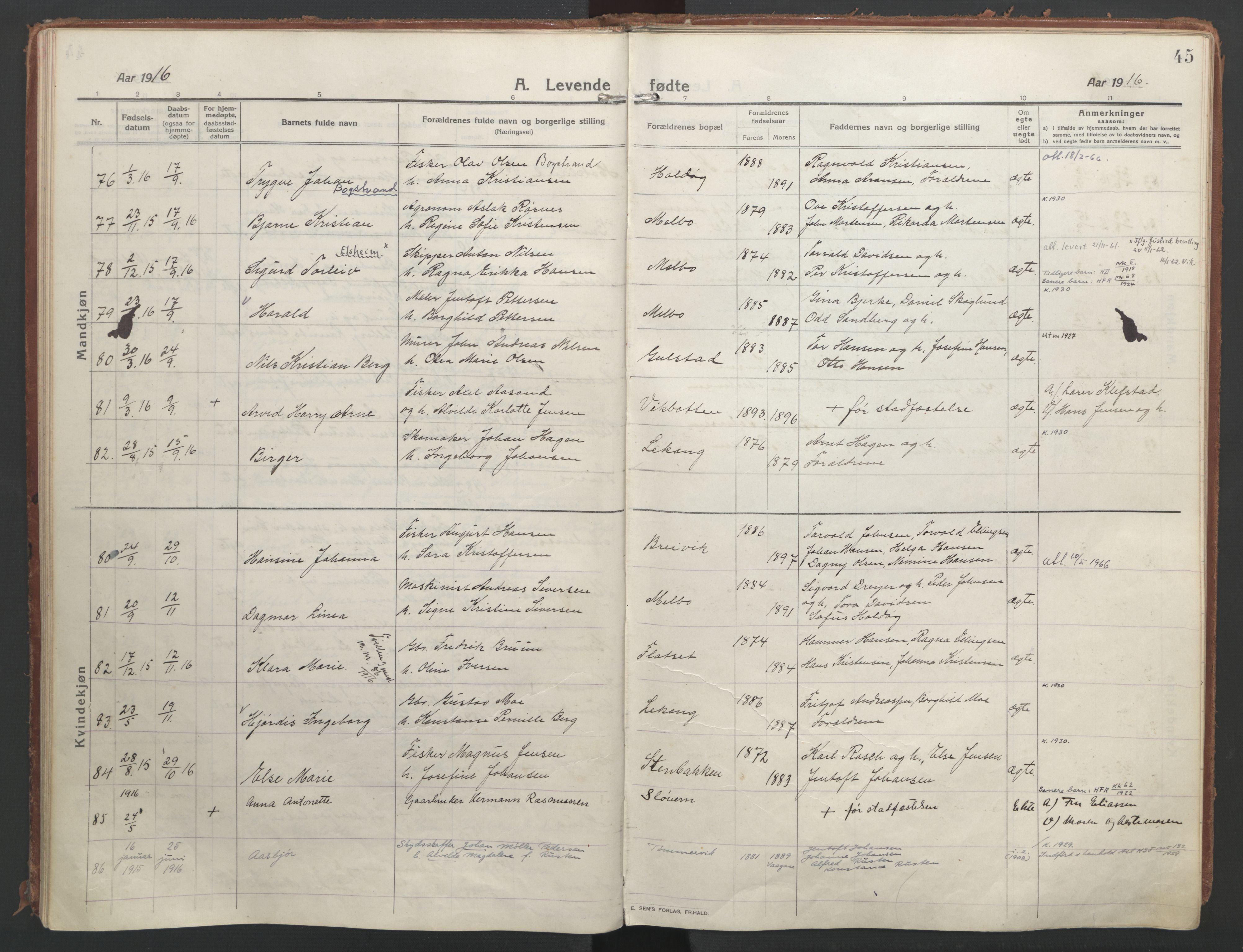 Ministerialprotokoller, klokkerbøker og fødselsregistre - Nordland, AV/SAT-A-1459/888/L1250: Parish register (official) no. 888A16, 1913-1925, p. 45