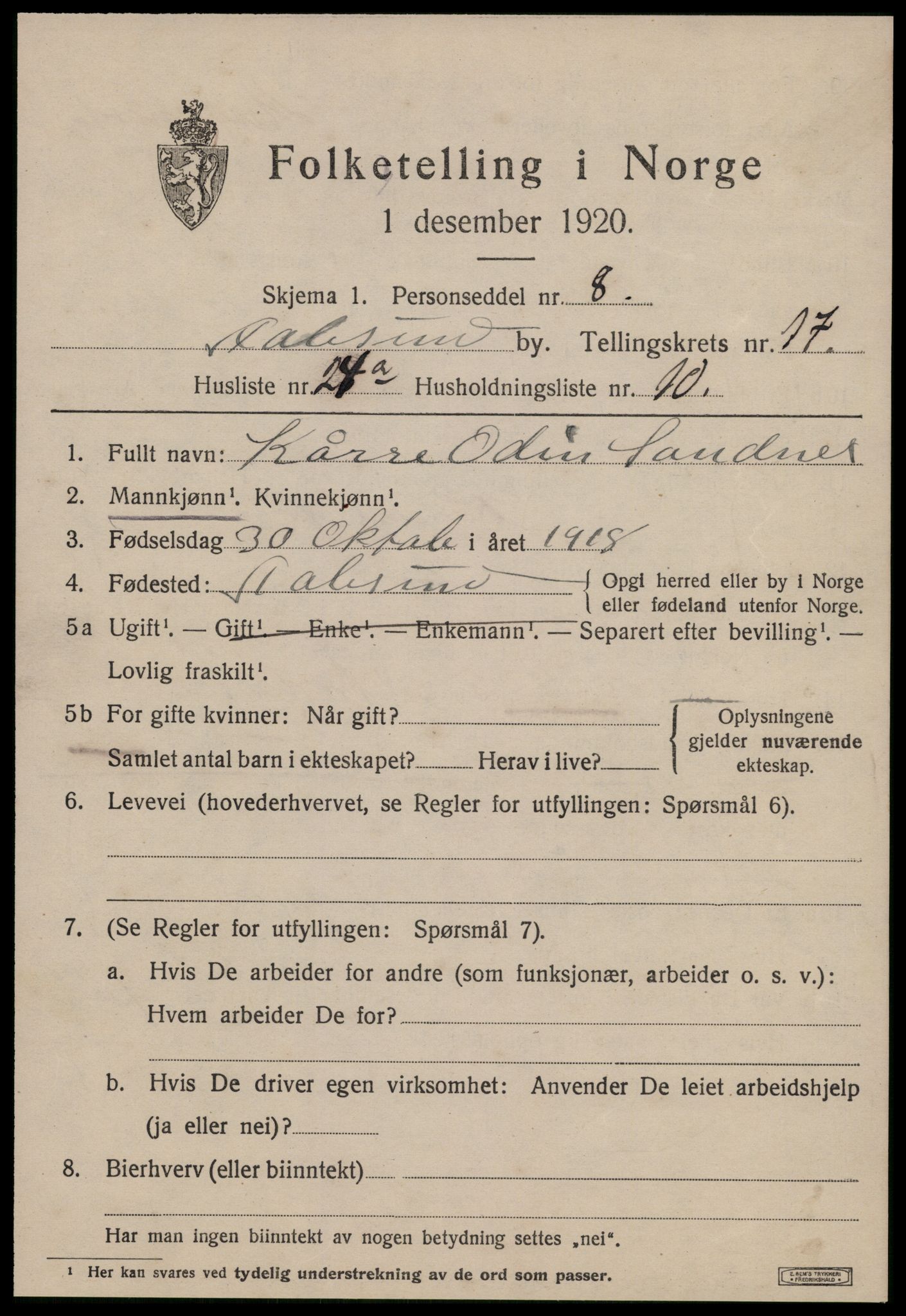 SAT, 1920 census for Ålesund, 1920, p. 34032