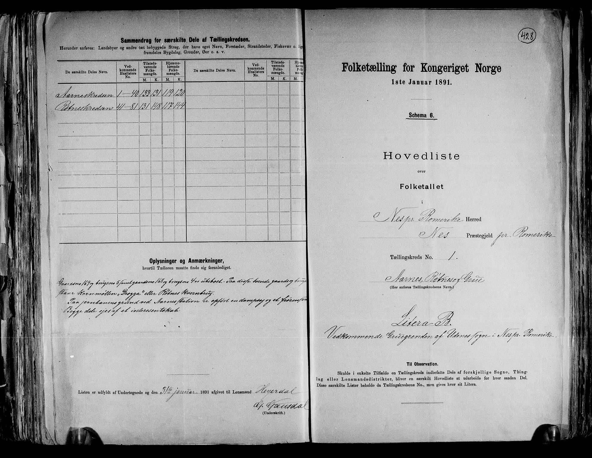 RA, 1891 census for 0236 Nes, 1891, p. 6