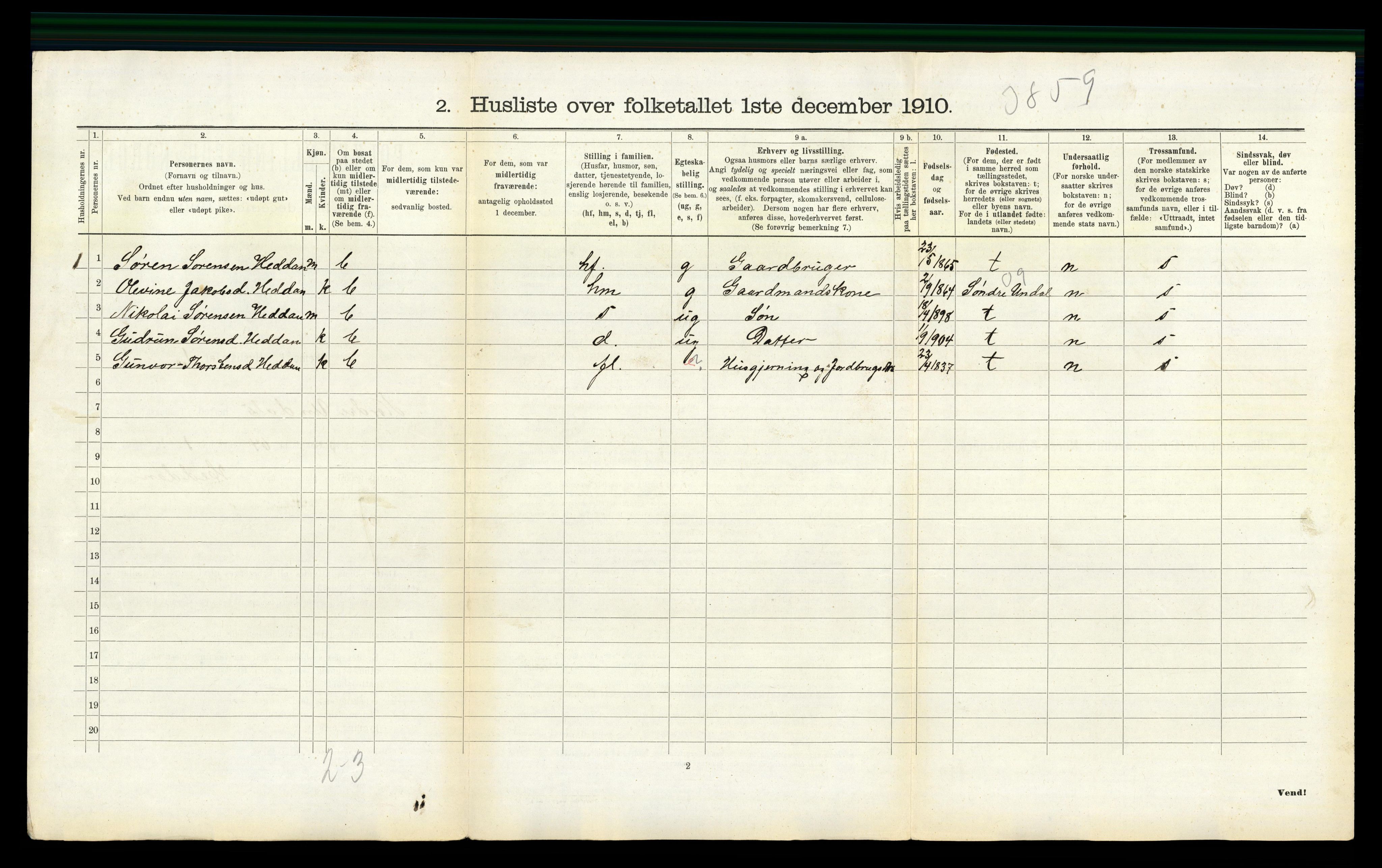 RA, 1910 census for Nord-Audnedal, 1910, p. 313