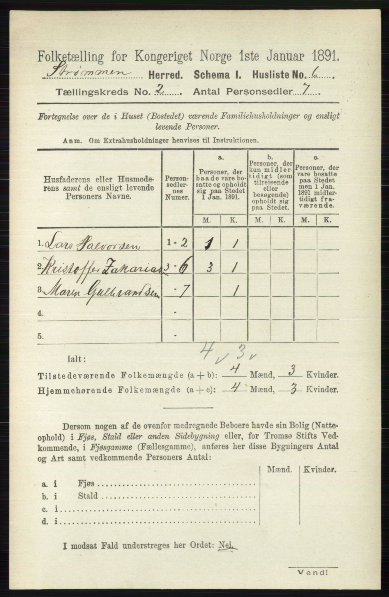 RA, 1891 census for 0711 Strømm, 1891, p. 652