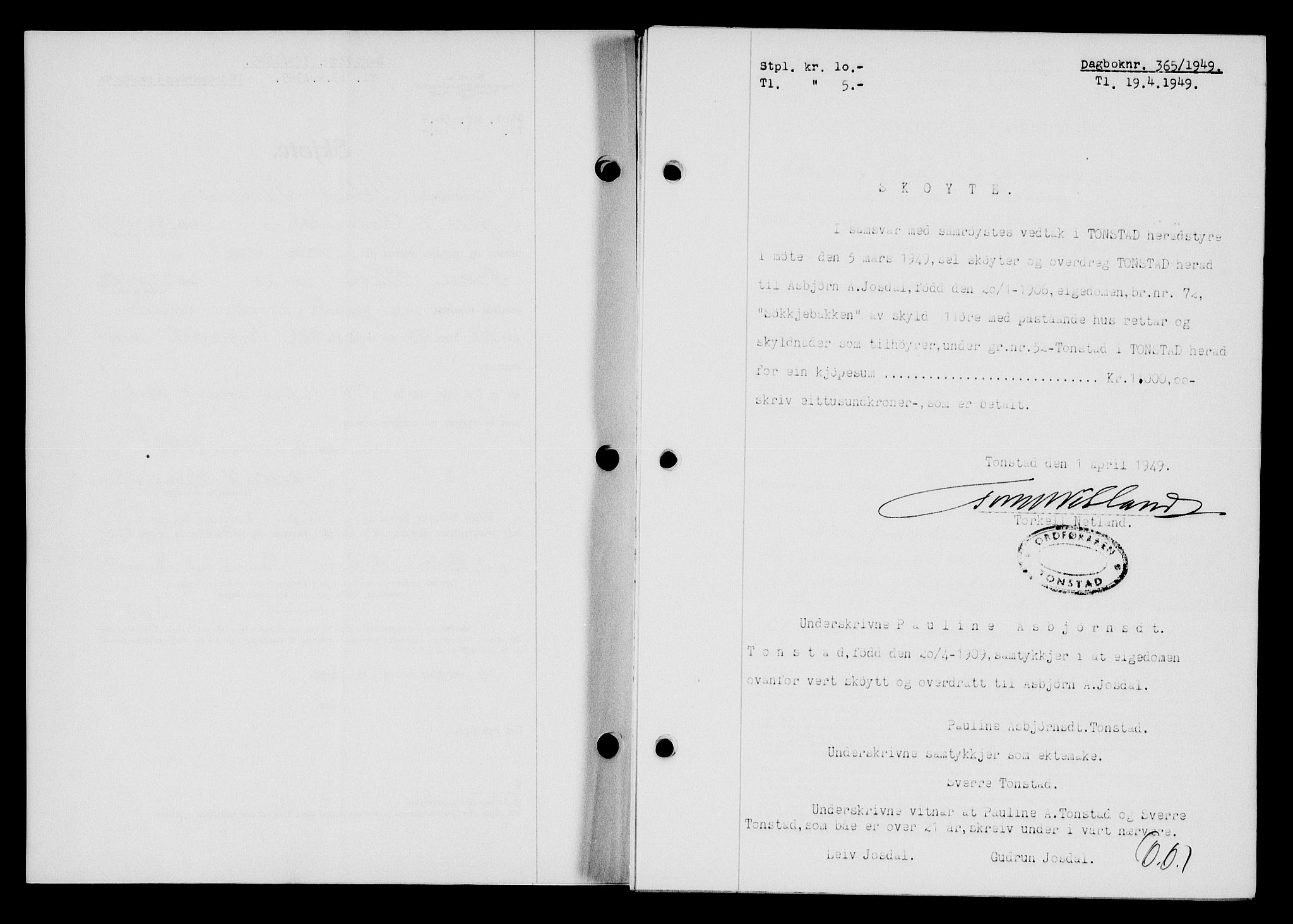 Flekkefjord sorenskriveri, SAK/1221-0001/G/Gb/Gba/L0065: Mortgage book no. A-13, 1949-1949, Diary no: : 365/1949