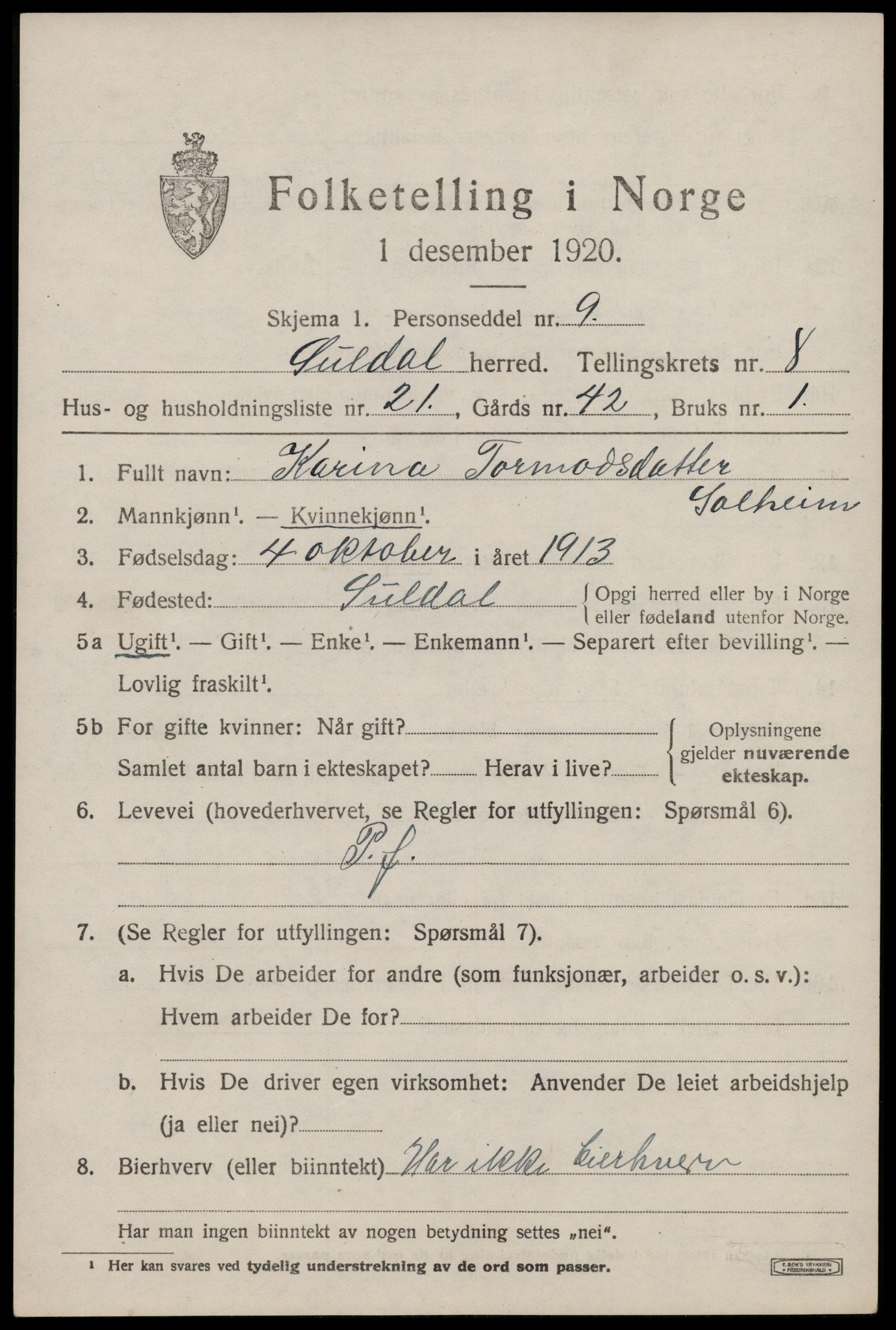 SAST, 1920 census for Suldal, 1920, p. 2144