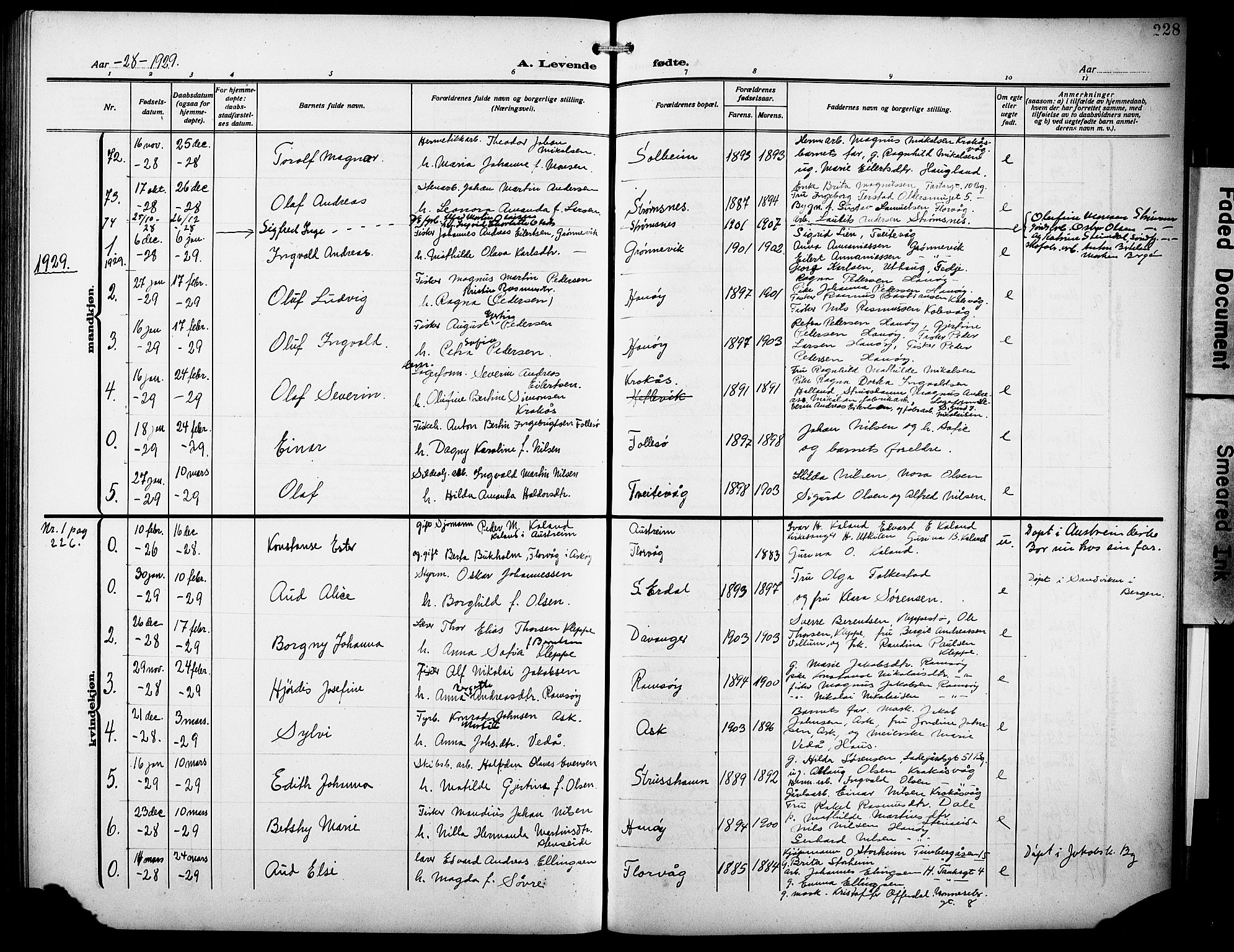 Askøy Sokneprestembete, AV/SAB-A-74101/H/Ha/Hab/Haba/L0011: Parish register (copy) no. A 11, 1908-1931, p. 228