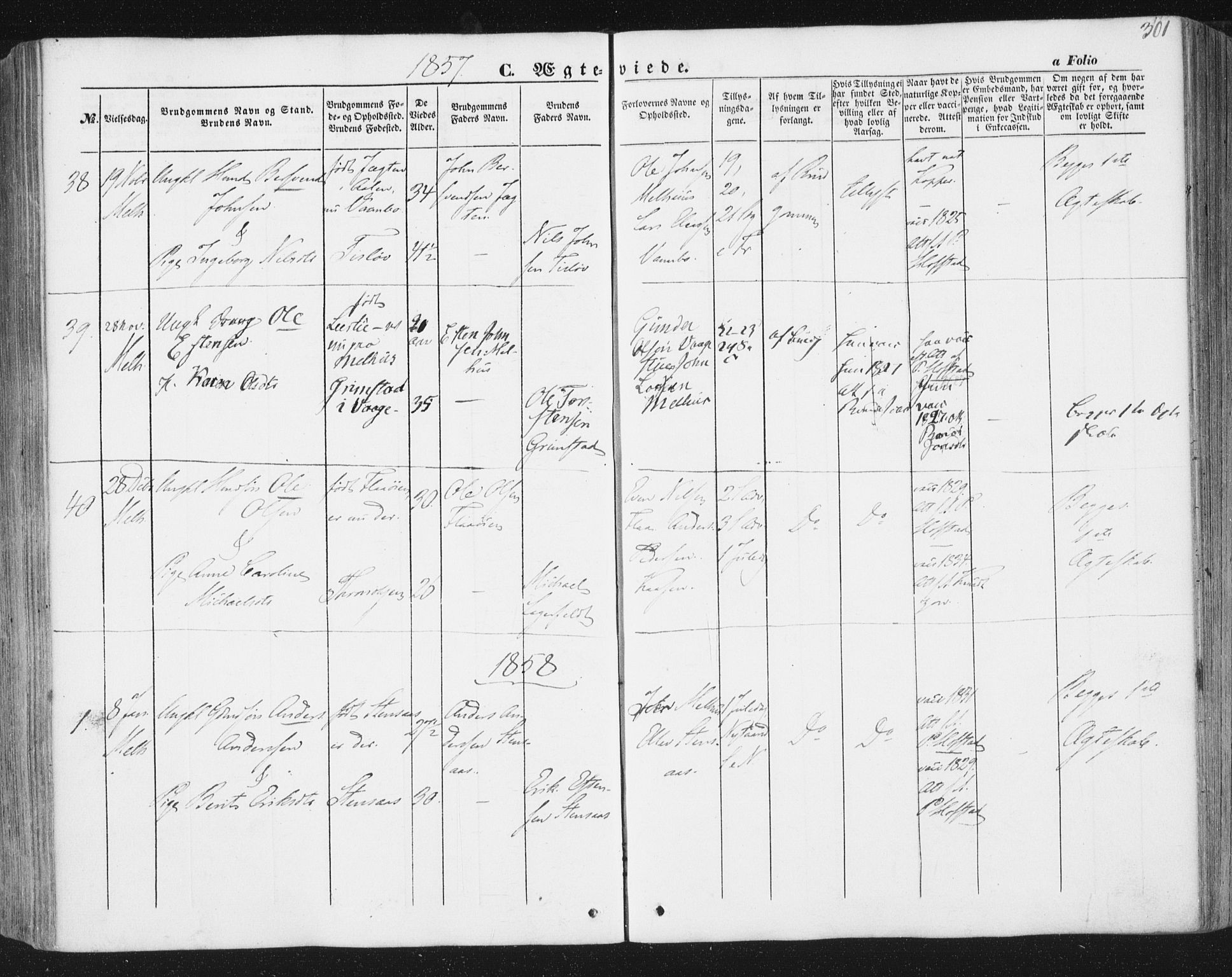 Ministerialprotokoller, klokkerbøker og fødselsregistre - Sør-Trøndelag, SAT/A-1456/691/L1076: Parish register (official) no. 691A08, 1852-1861, p. 301