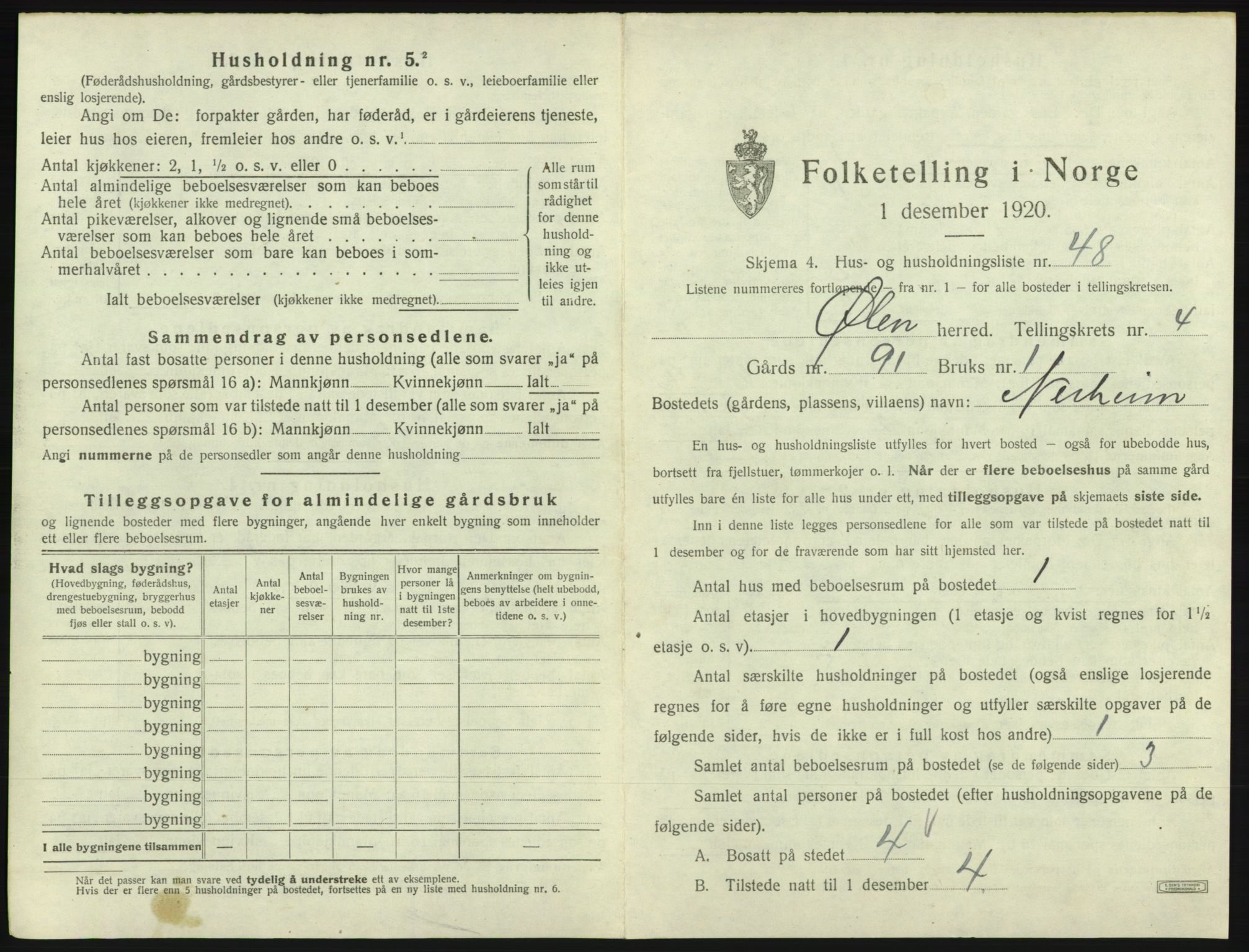 SAB, 1920 census for Ølen, 1920, p. 358