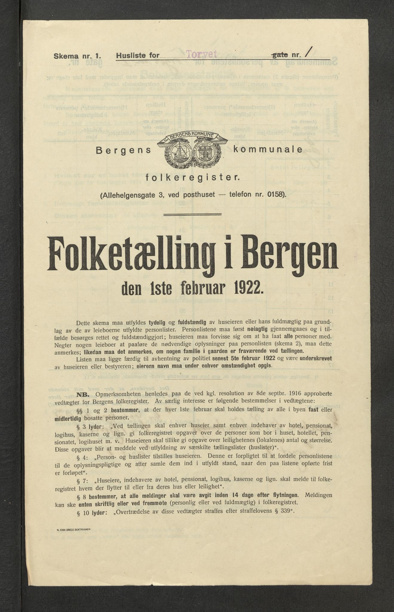 SAB, Municipal Census 1922 for Bergen, 1922, p. 44497