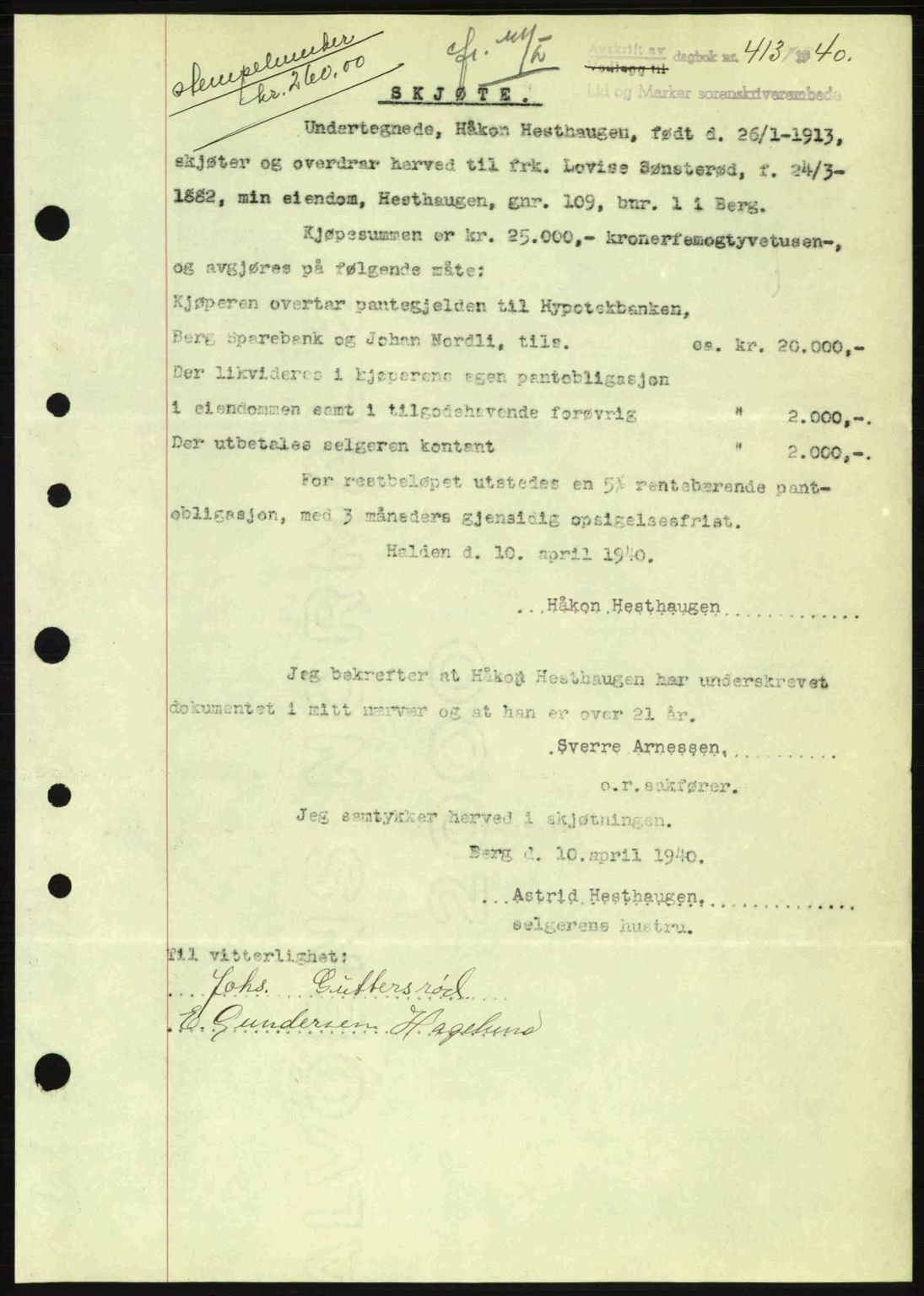 Idd og Marker sorenskriveri, AV/SAO-A-10283/G/Gb/Gbb/L0004: Mortgage book no. A4, 1940-1941, Diary no: : 413/1940