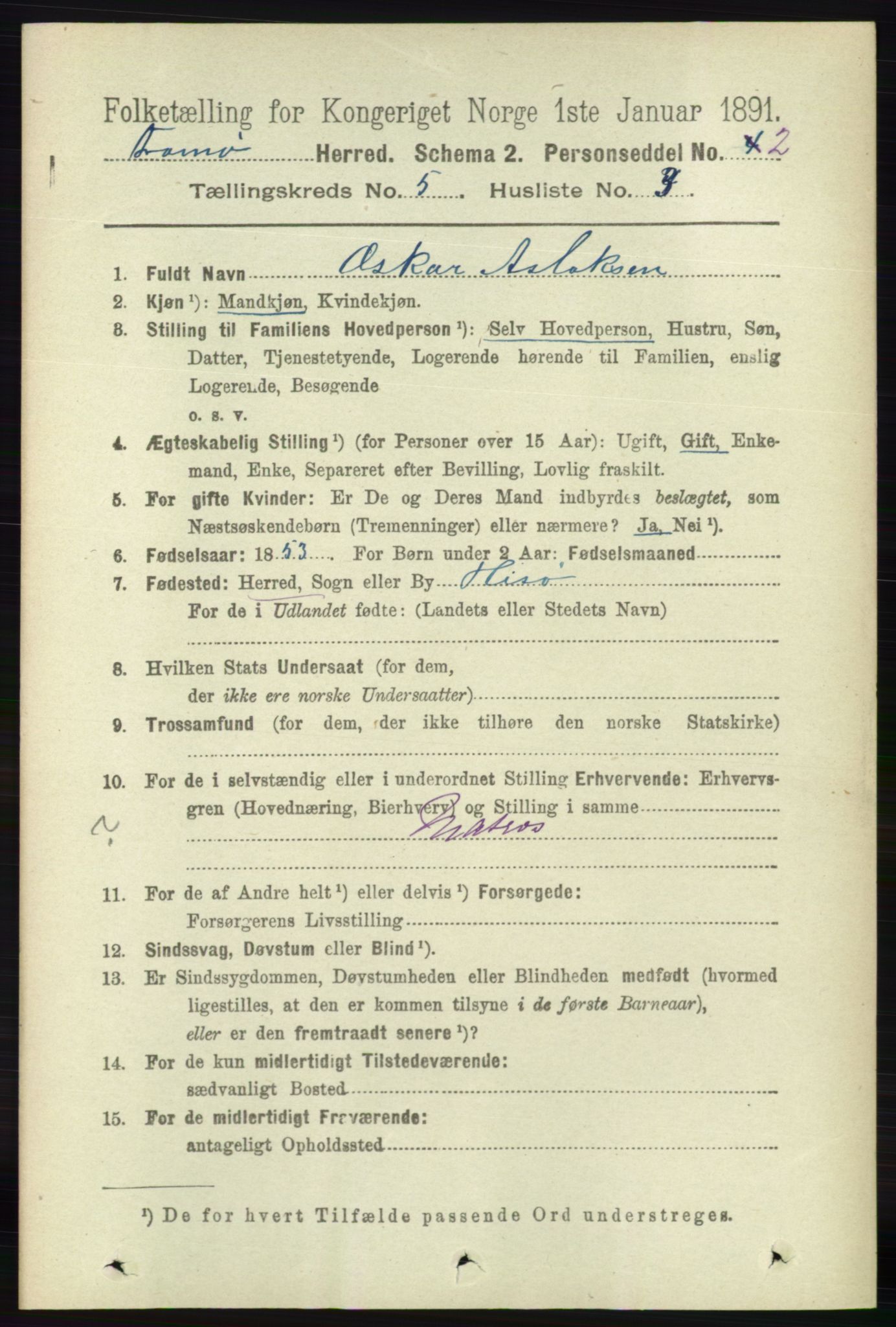 RA, 1891 census for 0921 Tromøy, 1891, p. 2212