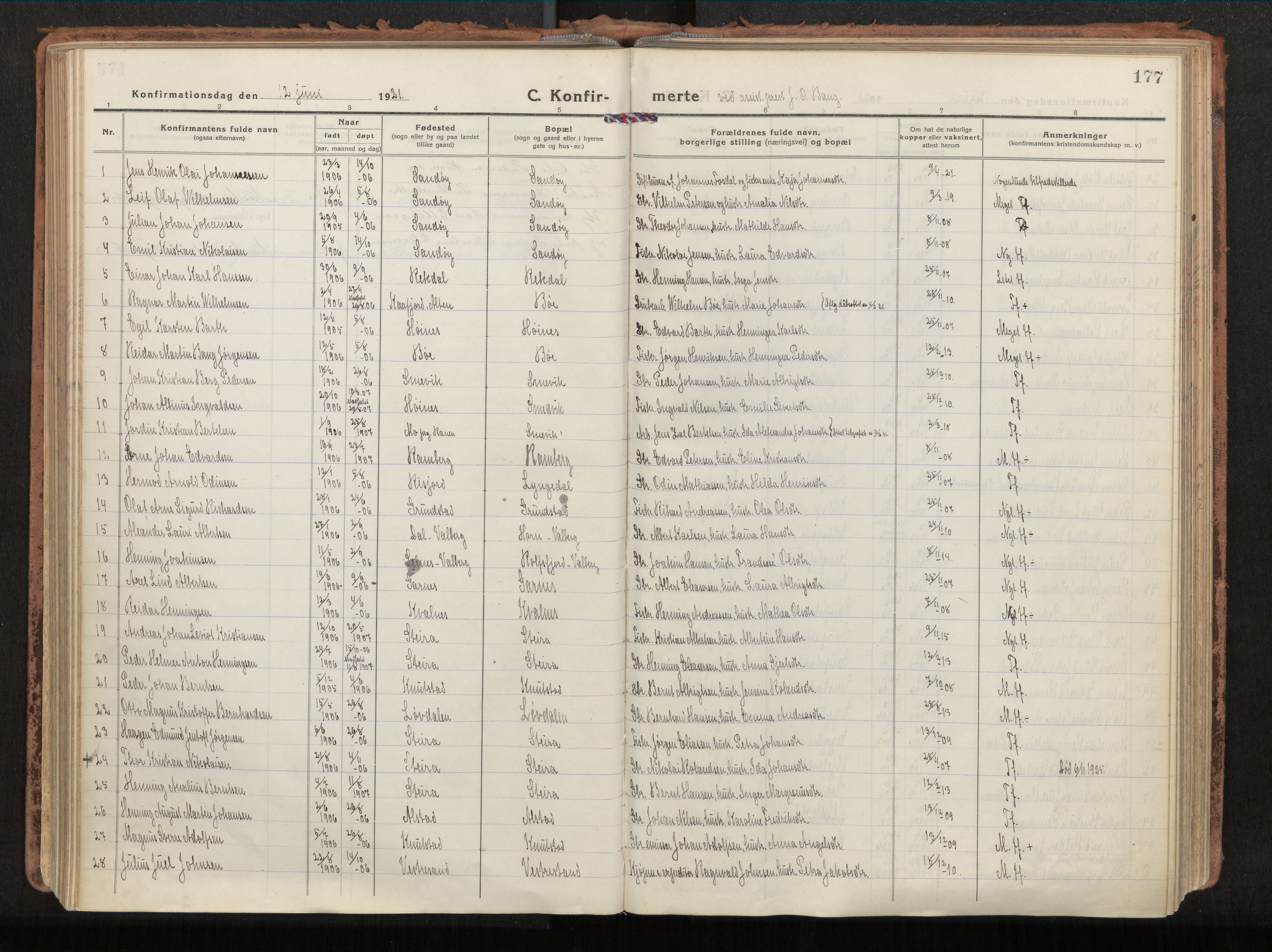 Ministerialprotokoller, klokkerbøker og fødselsregistre - Nordland, SAT/A-1459/880/L1136: Parish register (official) no. 880A10, 1919-1927, p. 177