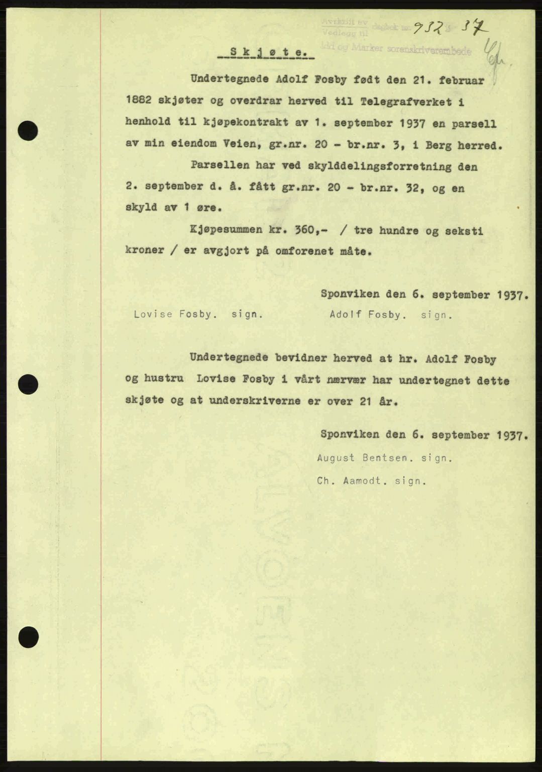 Idd og Marker sorenskriveri, AV/SAO-A-10283/G/Gb/Gbb/L0002: Mortgage book no. A2, 1937-1938, Diary no: : 932/1937