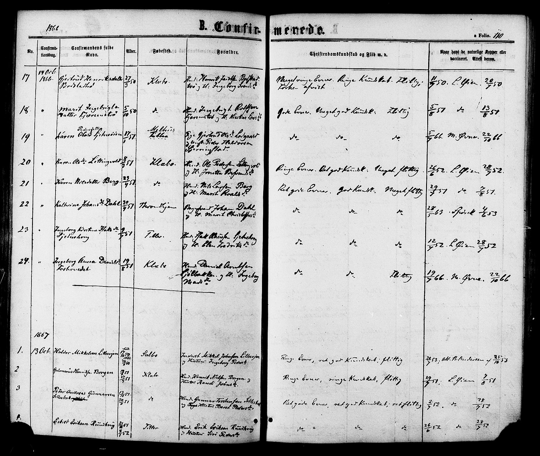 Ministerialprotokoller, klokkerbøker og fødselsregistre - Sør-Trøndelag, AV/SAT-A-1456/618/L0442: Parish register (official) no. 618A06 /1, 1863-1879, p. 110