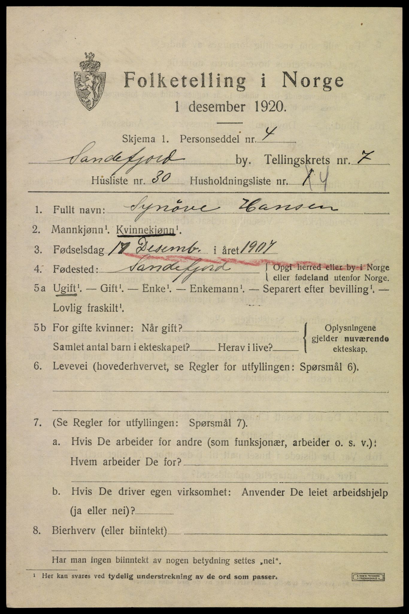 SAKO, 1920 census for Sandefjord, 1920, p. 11088