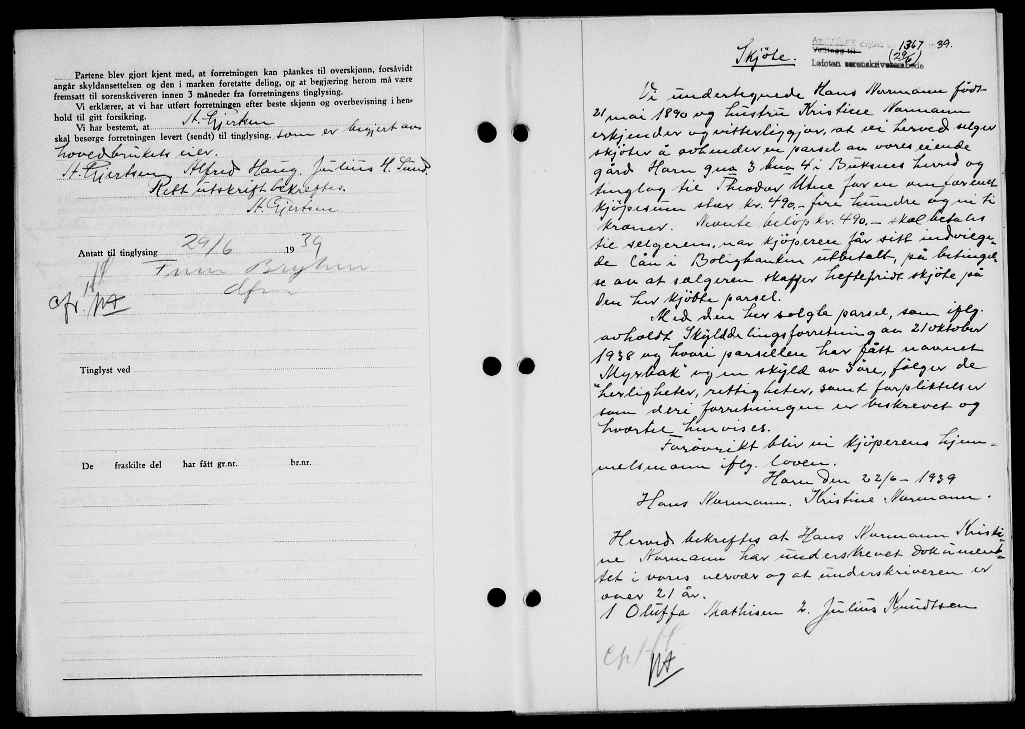 Lofoten sorenskriveri, SAT/A-0017/1/2/2C/L0006a: Mortgage book no. 6a, 1939-1939, Diary no: : 1367/1939