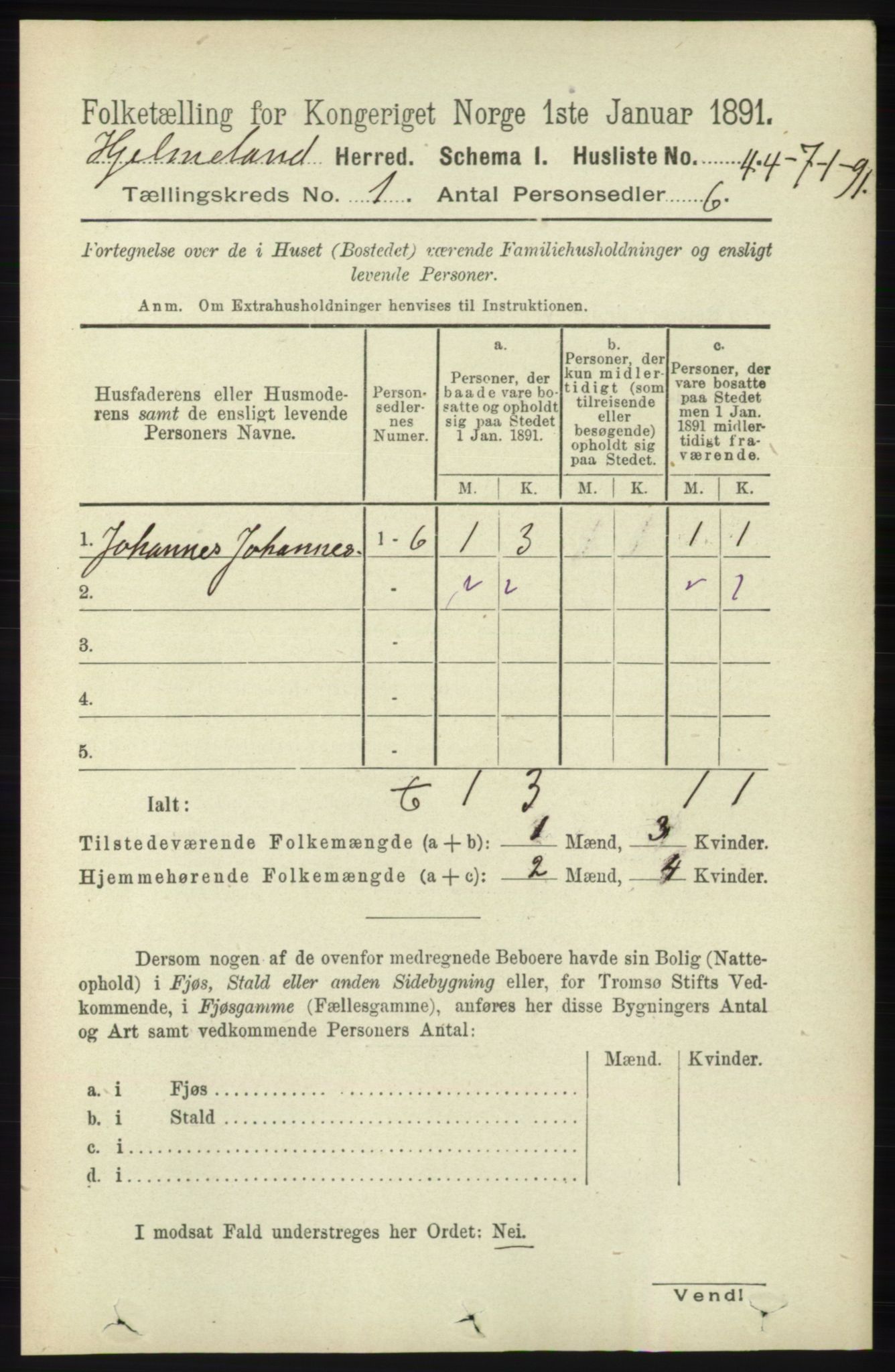 RA, 1891 census for 1133 Hjelmeland, 1891, p. 66