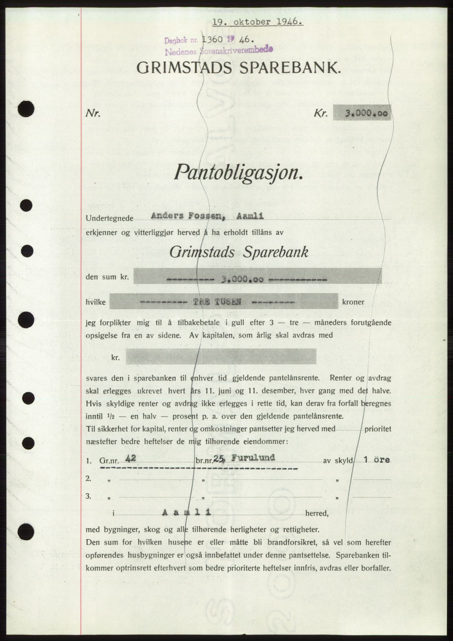 Nedenes sorenskriveri, SAK/1221-0006/G/Gb/Gbb/L0003: Mortgage book no. B3b, 1946-1946, Diary no: : 1360/1946