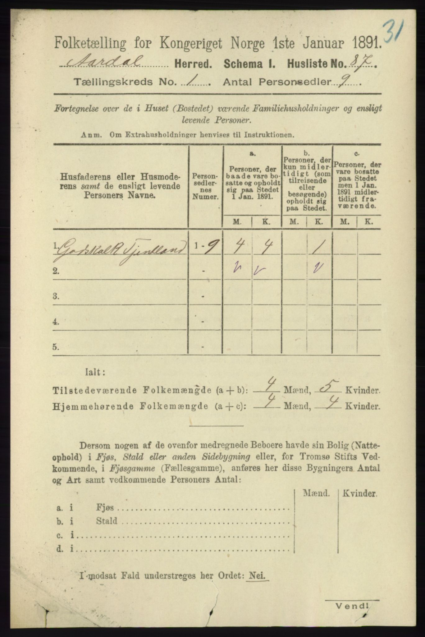 RA, 1891 census for 1131 Årdal, 1891, p. 100