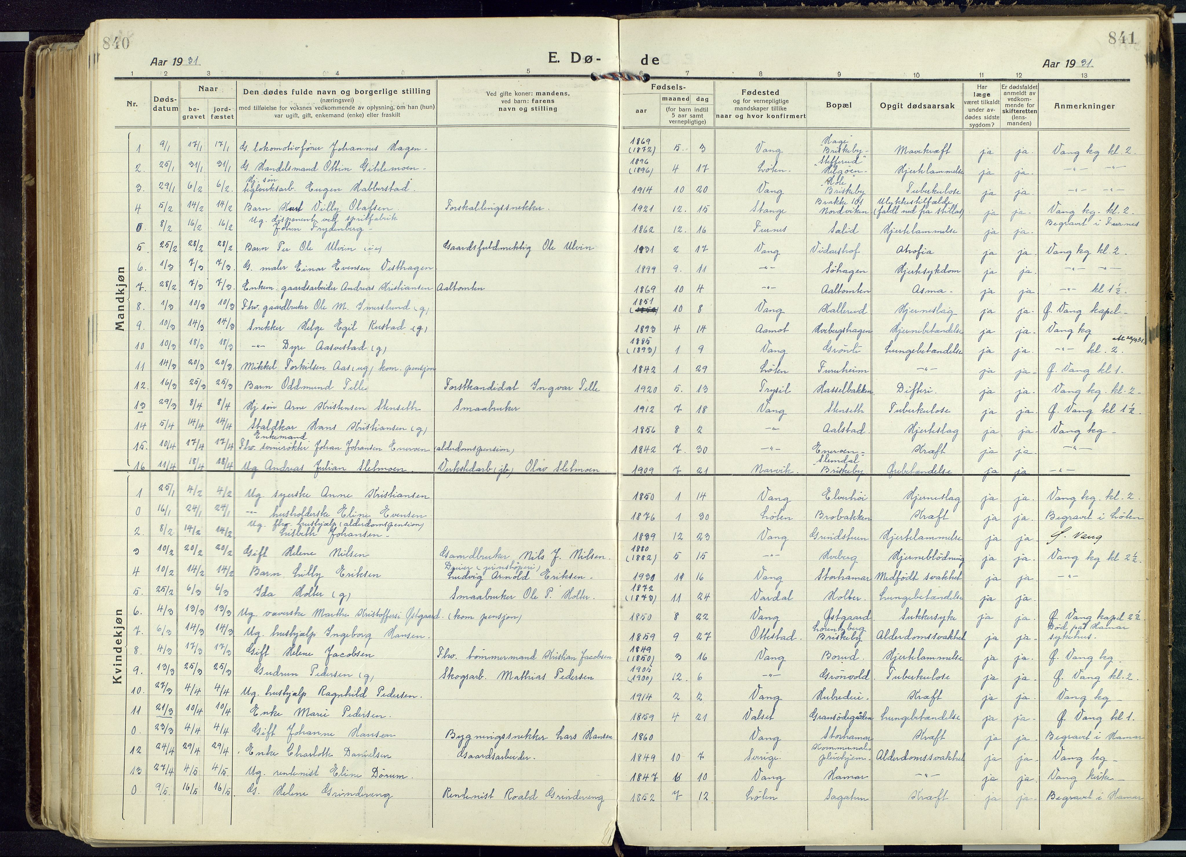 Vang prestekontor, Hedmark, SAH/PREST-008/H/Ha/Haa/L0022: Parish register (official) no. 22, 1918-1944, p. 840-841