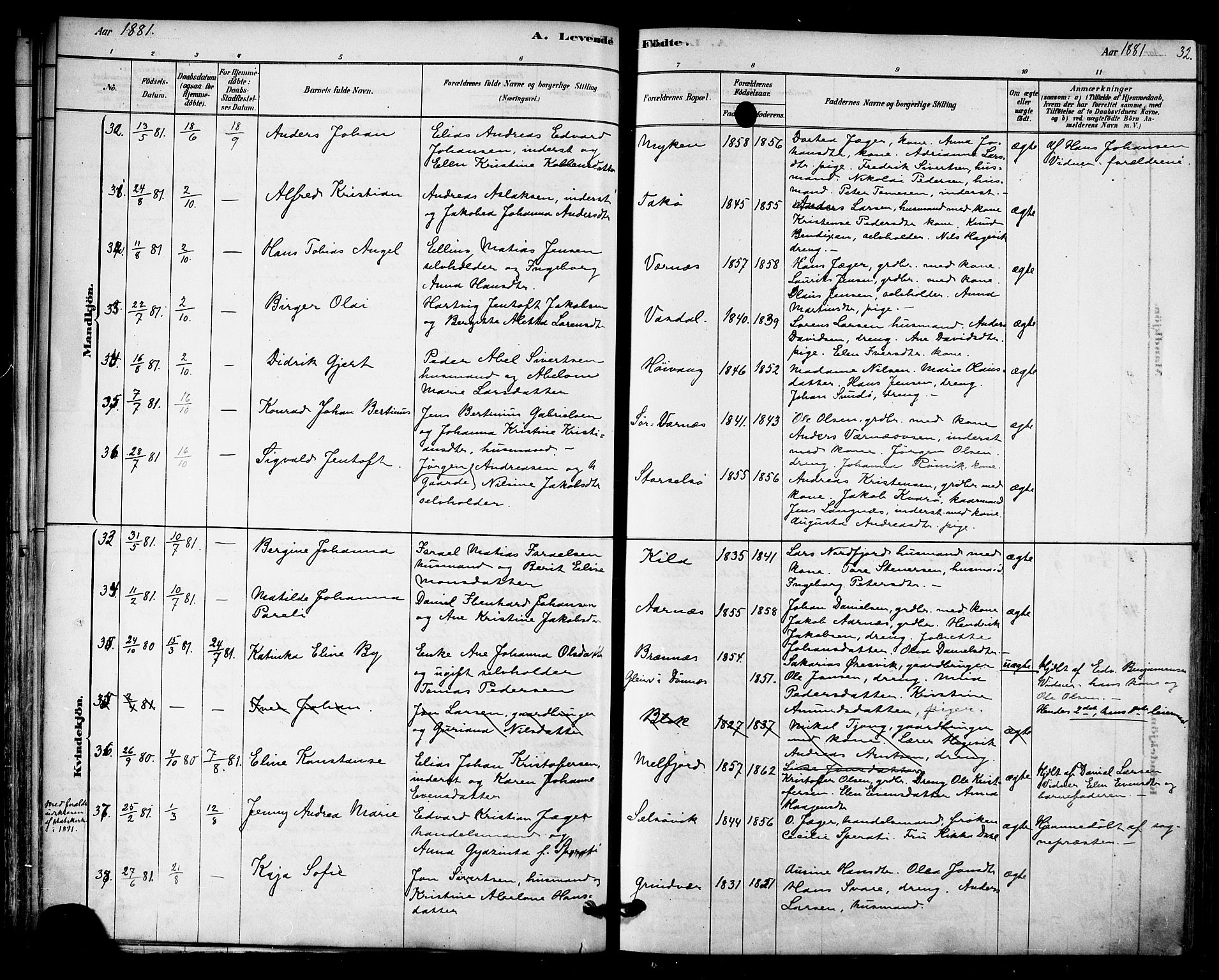 Ministerialprotokoller, klokkerbøker og fødselsregistre - Nordland, AV/SAT-A-1459/841/L0609: Parish register (official) no. 841A12, 1878-1901, p. 32