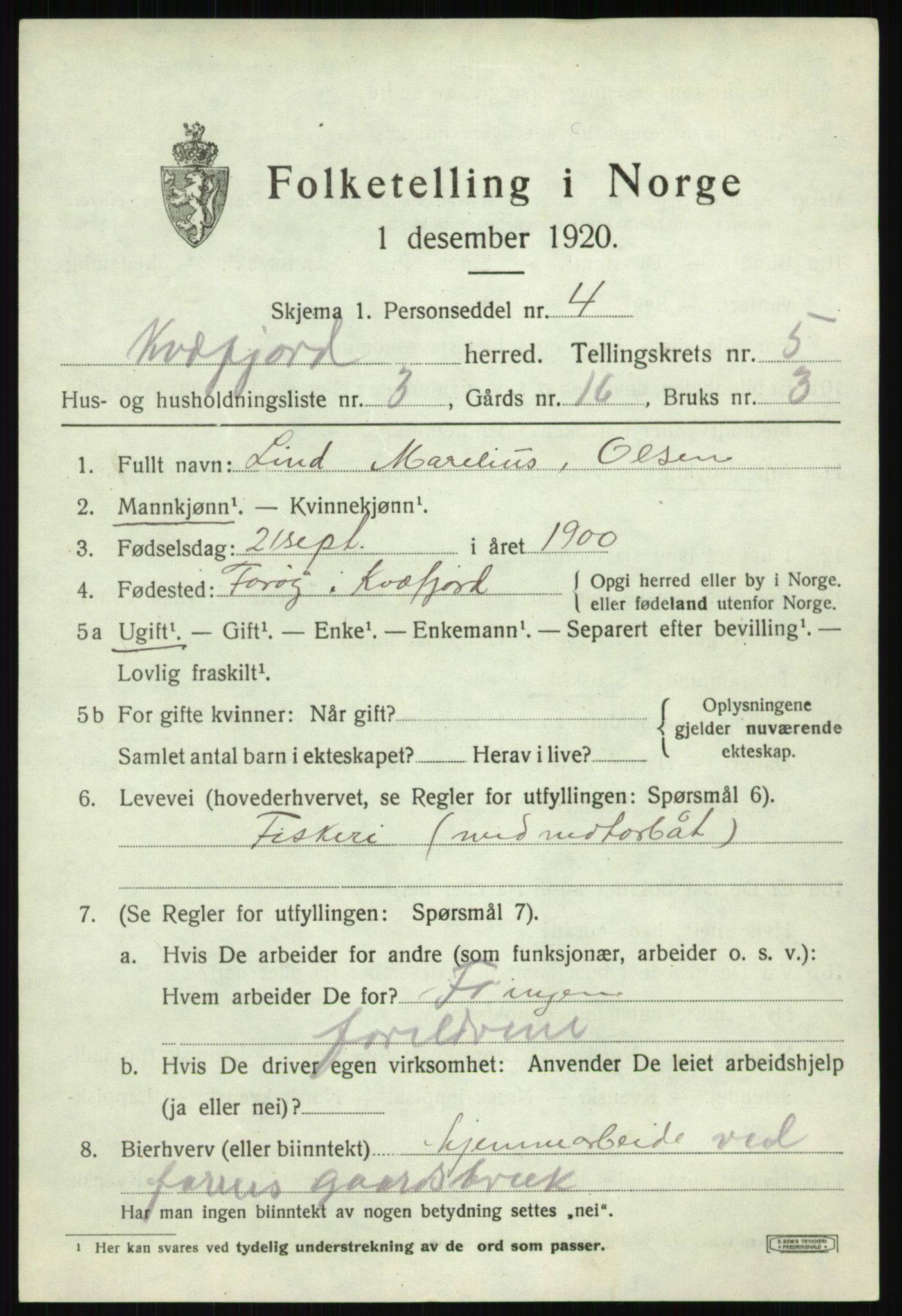 SATØ, 1920 census for Kvæfjord, 1920, p. 2605