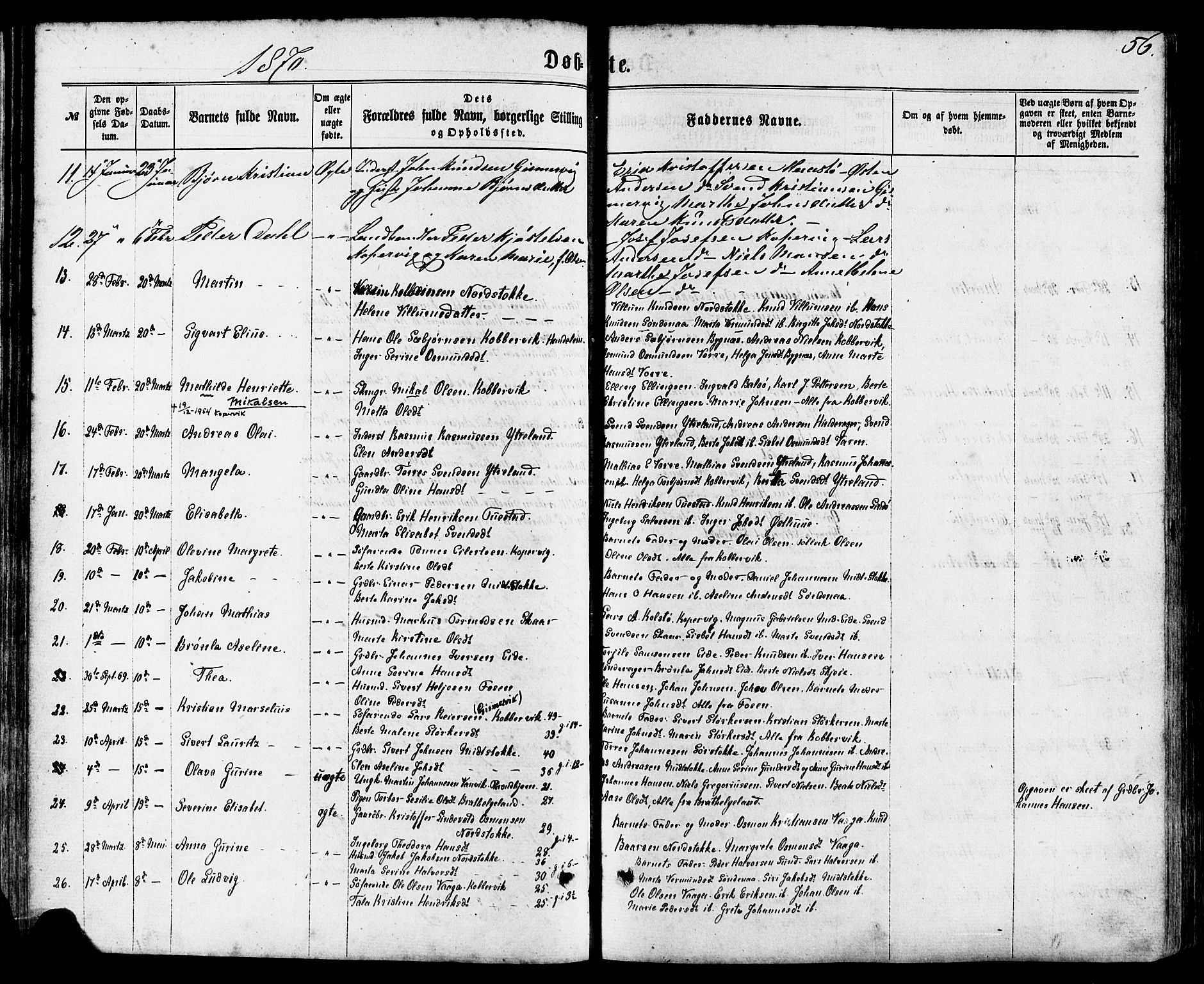 Avaldsnes sokneprestkontor, AV/SAST-A -101851/H/Ha/Haa/L0011: Parish register (official) no. A 11, 1861-1880, p. 56