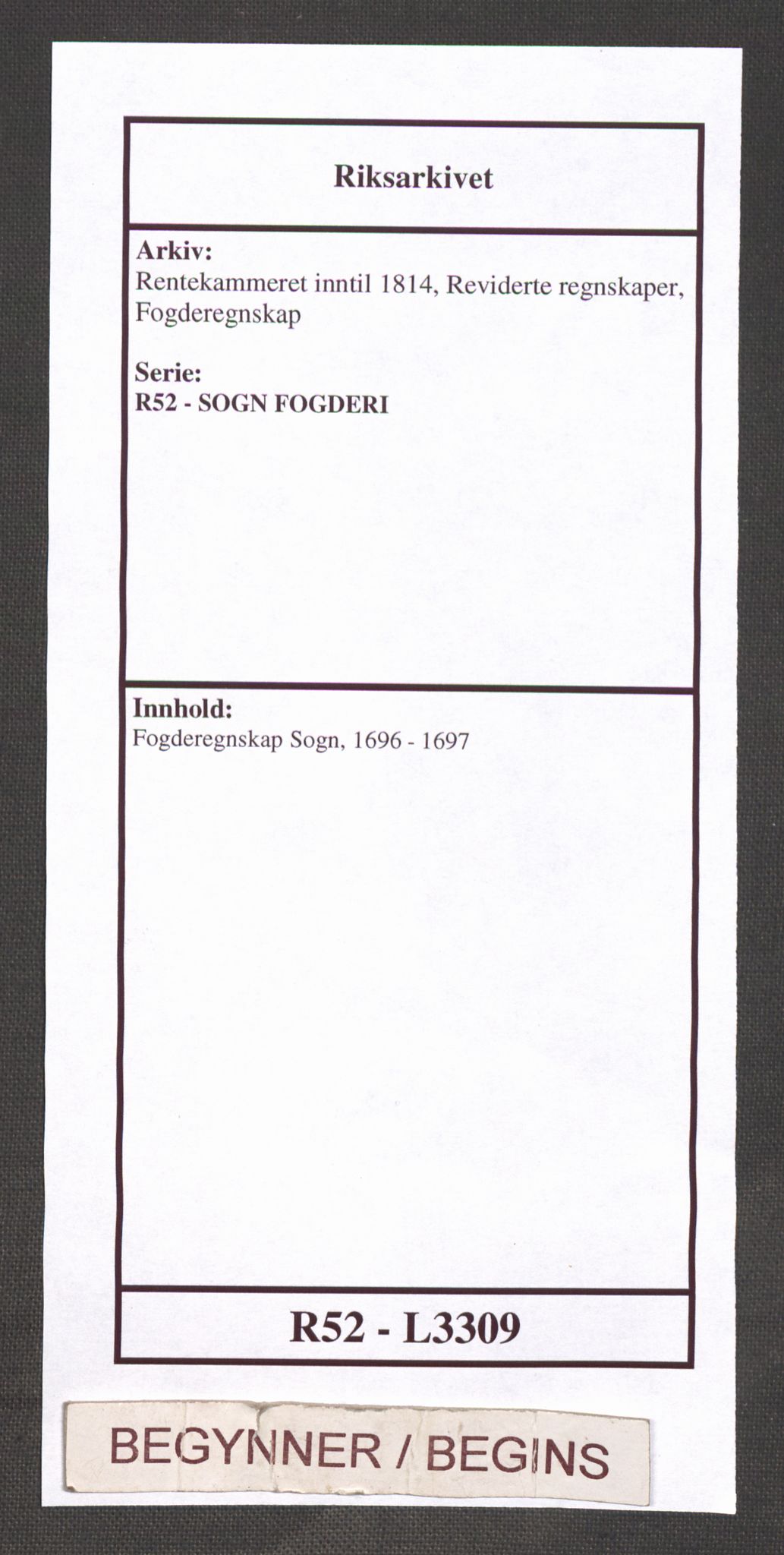 Rentekammeret inntil 1814, Reviderte regnskaper, Fogderegnskap, AV/RA-EA-4092/R52/L3309: Fogderegnskap Sogn, 1696-1697, p. 1