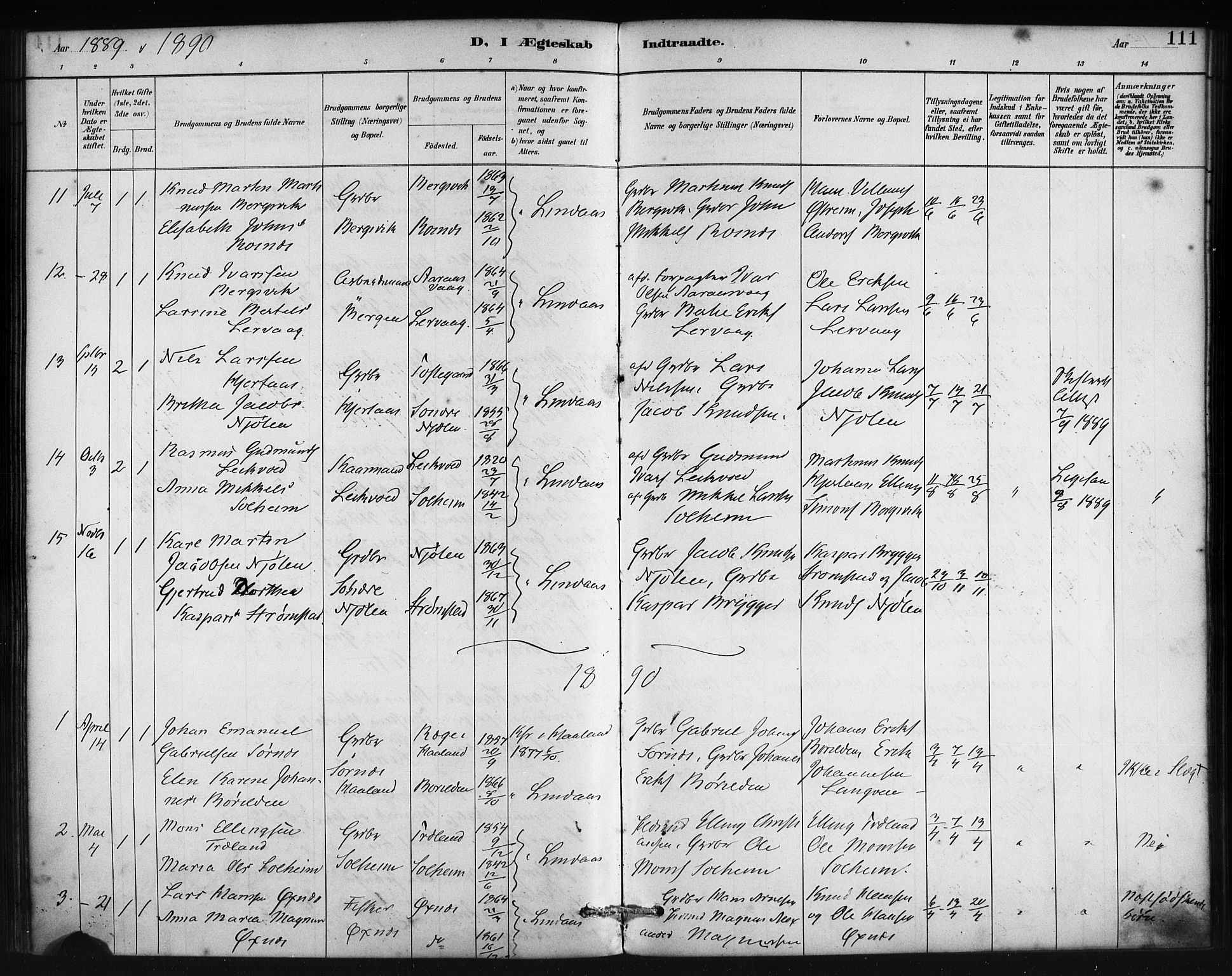 Lindås Sokneprestembete, SAB/A-76701/H/Haa: Parish register (official) no. C 1, 1886-1896, p. 111