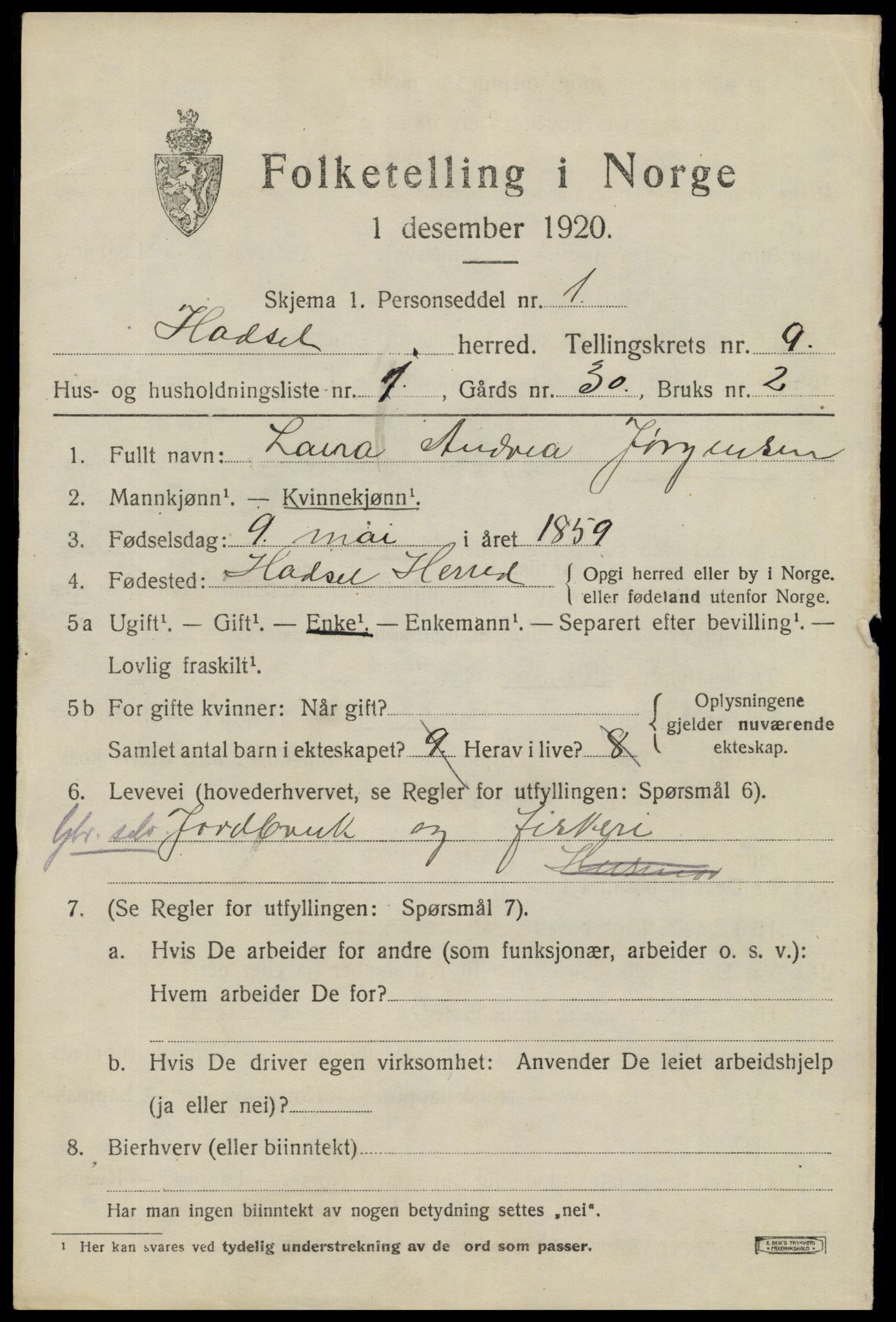 SAT, 1920 census for Hadsel, 1920, p. 7664