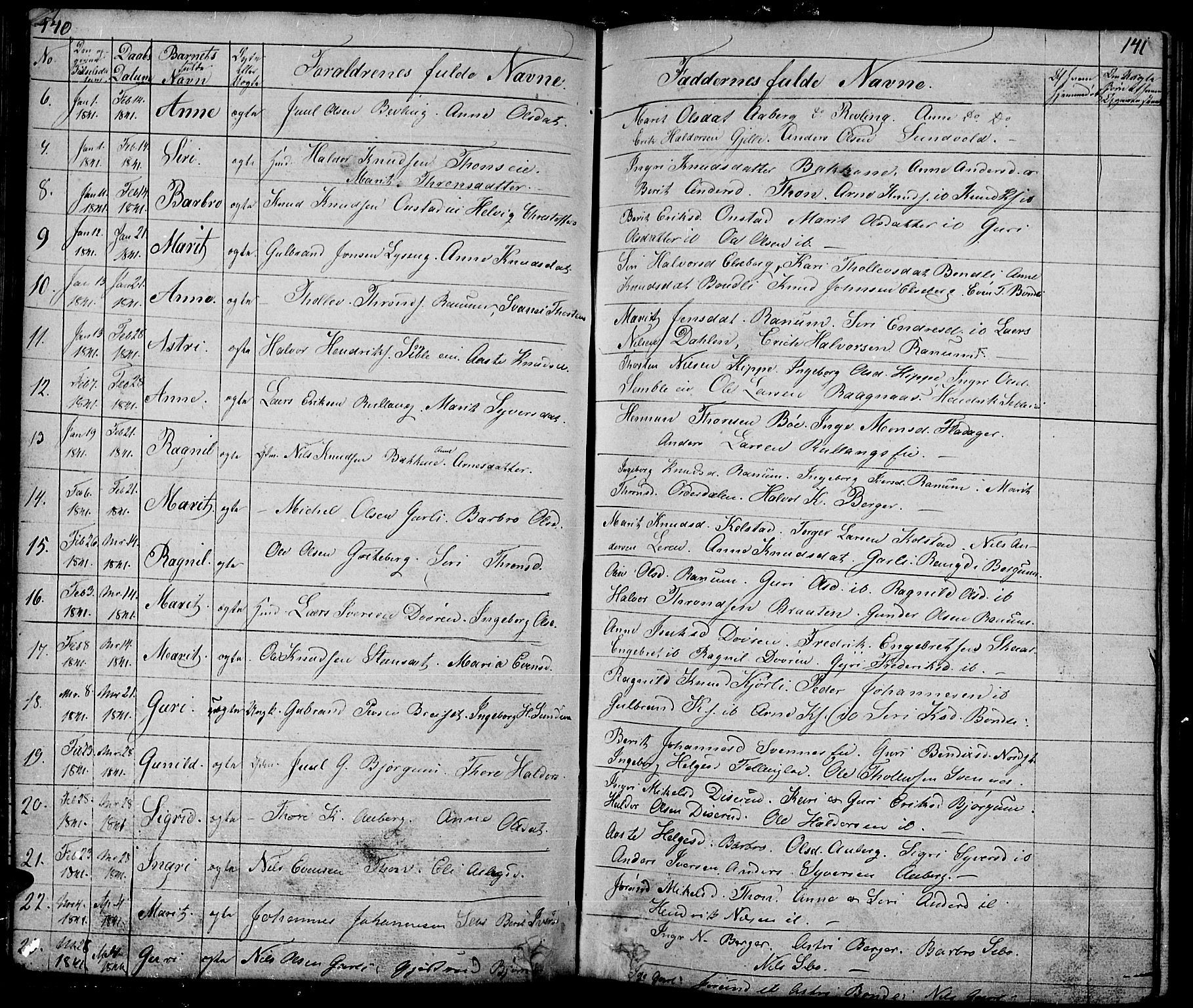 Nord-Aurdal prestekontor, SAH/PREST-132/H/Ha/Hab/L0001: Parish register (copy) no. 1, 1834-1887, p. 140-141