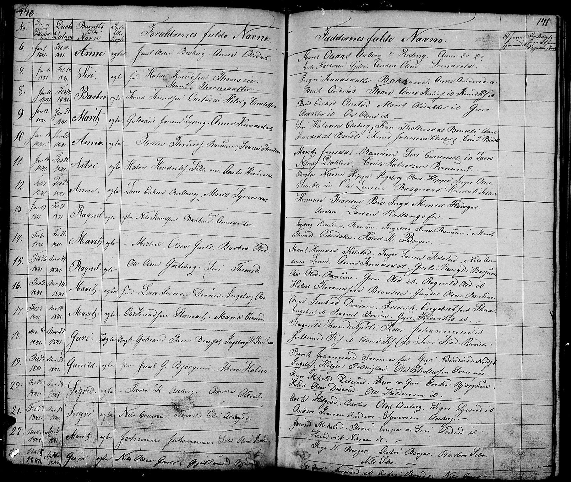 Nord-Aurdal prestekontor, AV/SAH-PREST-132/H/Ha/Hab/L0001: Parish register (copy) no. 1, 1834-1887, p. 140-141