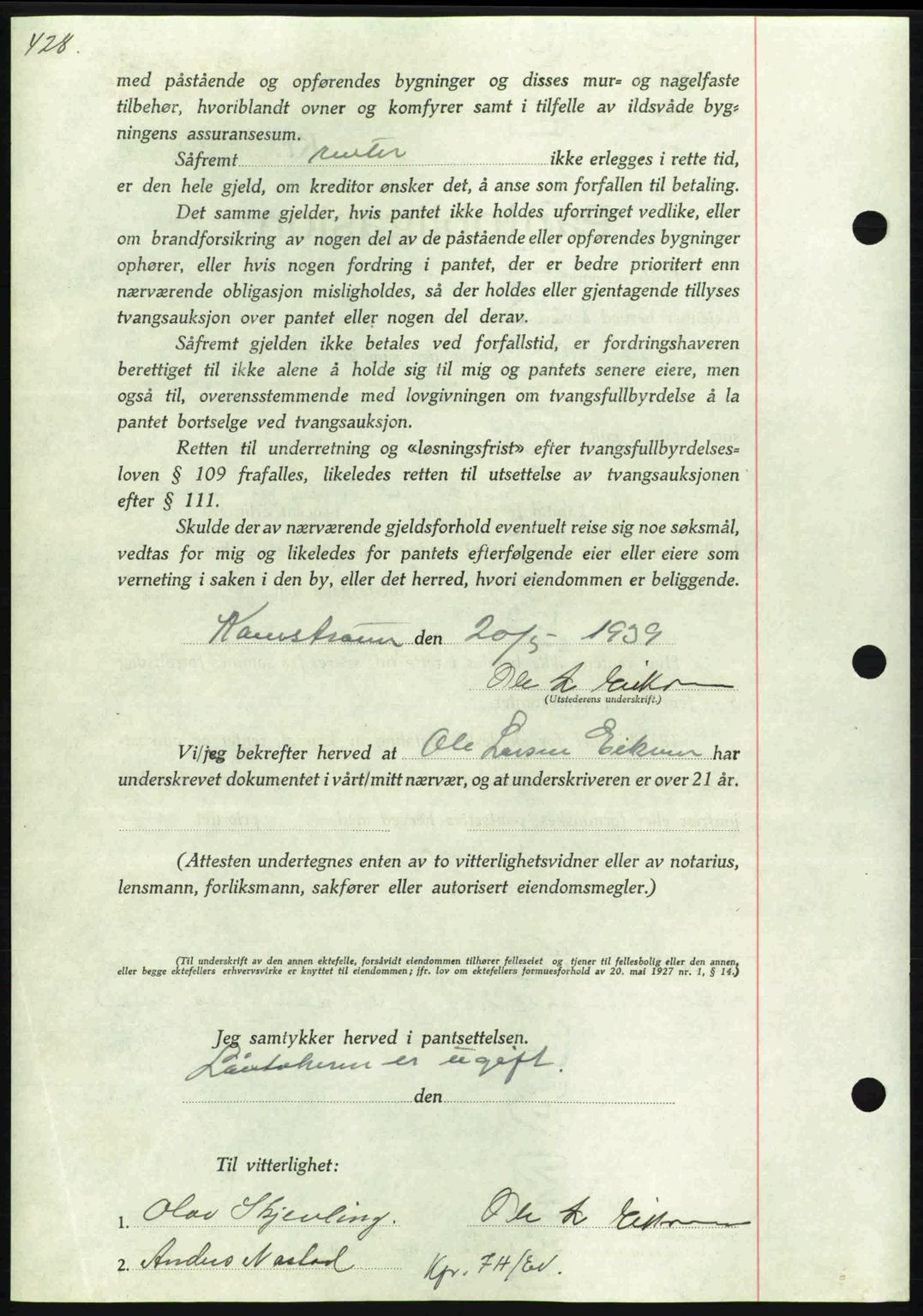 Nordmøre sorenskriveri, AV/SAT-A-4132/1/2/2Ca: Mortgage book no. B85, 1939-1939, Diary no: : 1523/1939