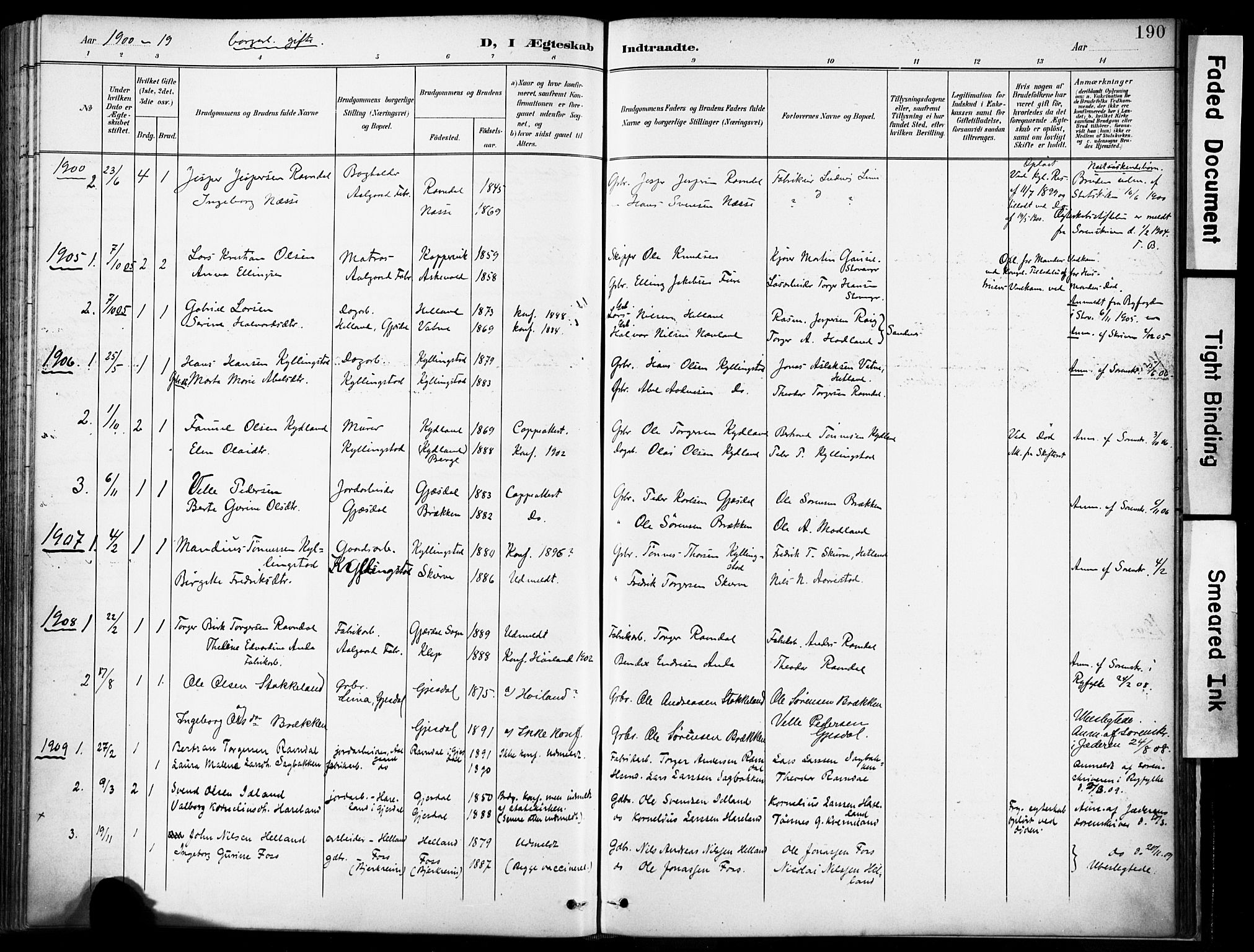 Lye sokneprestkontor, AV/SAST-A-101794/001/30BA/L0012: Parish register (official) no. A 11, 1896-1909, p. 190