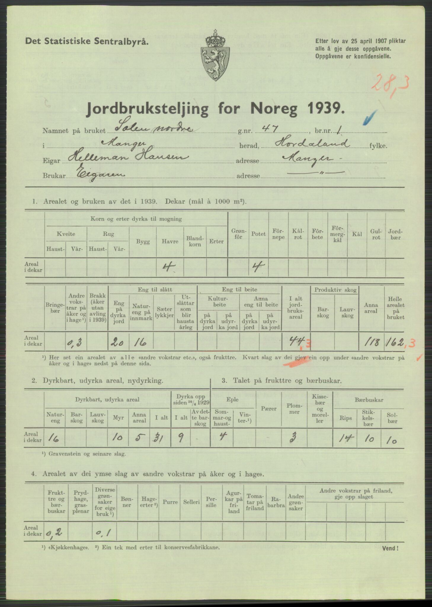 Statistisk sentralbyrå, Næringsøkonomiske emner, Jordbruk, skogbruk, jakt, fiske og fangst, AV/RA-S-2234/G/Gb/L0211: Hordaland: Herdla, Hjelme og Manger, 1939, p. 1653